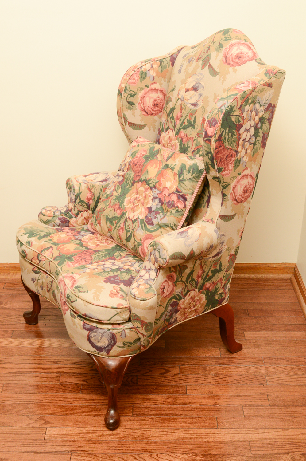 Vintage Queen Anne Style Floral Upholstered Wingback Chairs