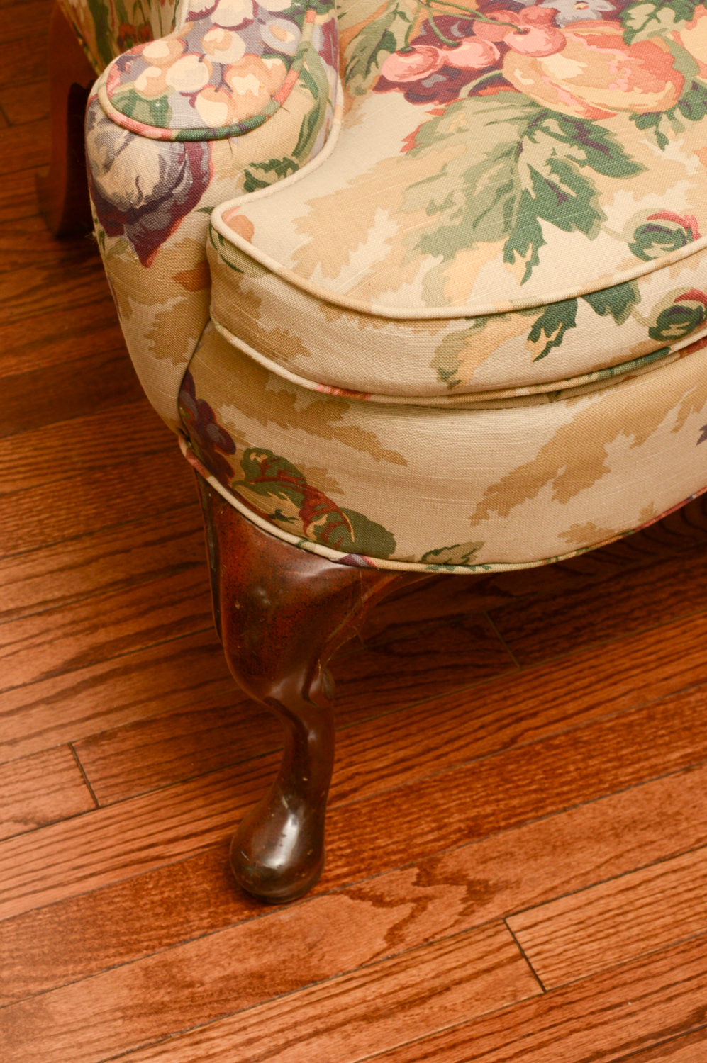 Vintage Queen Anne Style Floral Upholstered Wingback Chairs