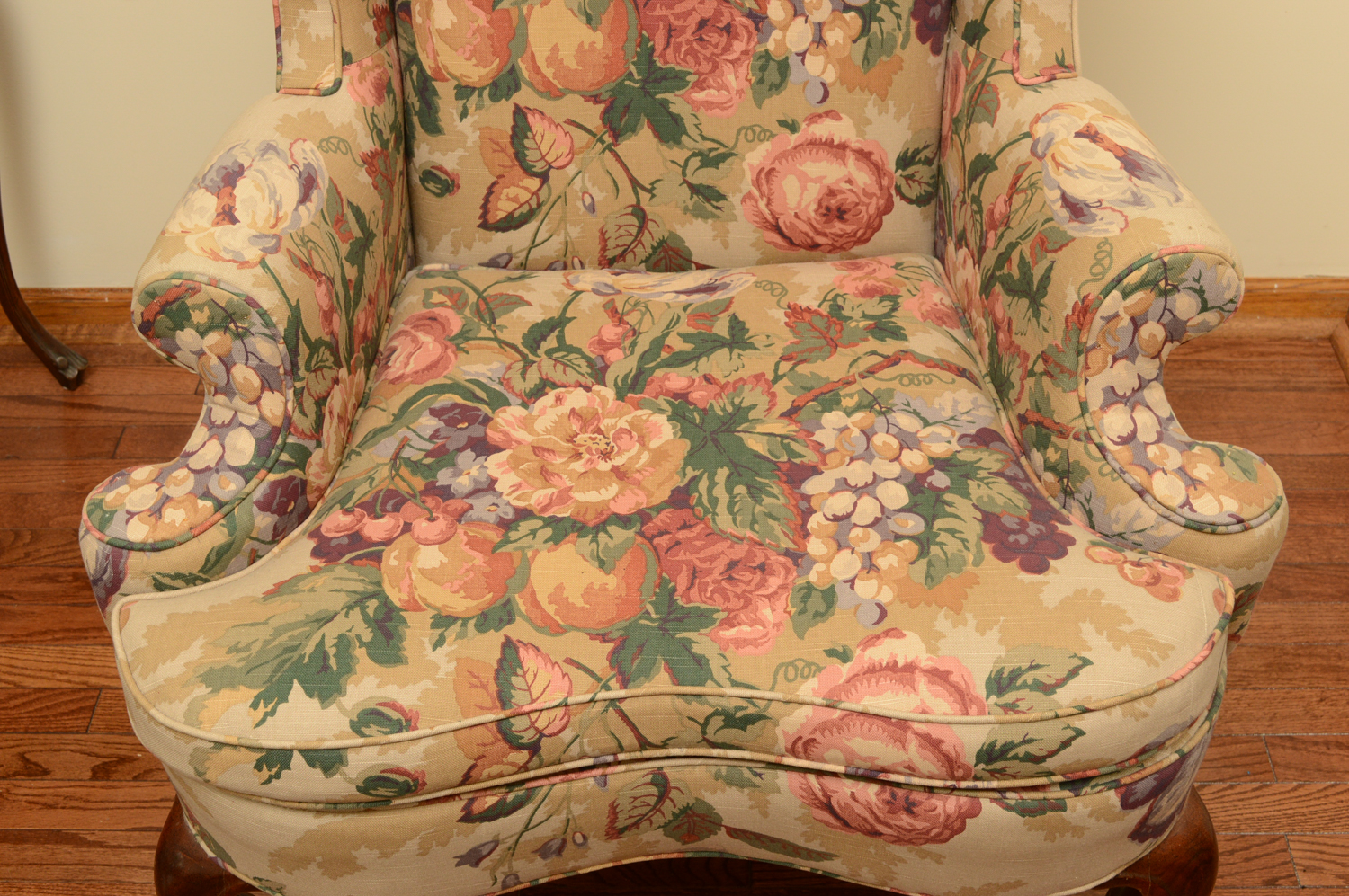 Vintage Queen Anne Style Floral Upholstered Wingback Chairs