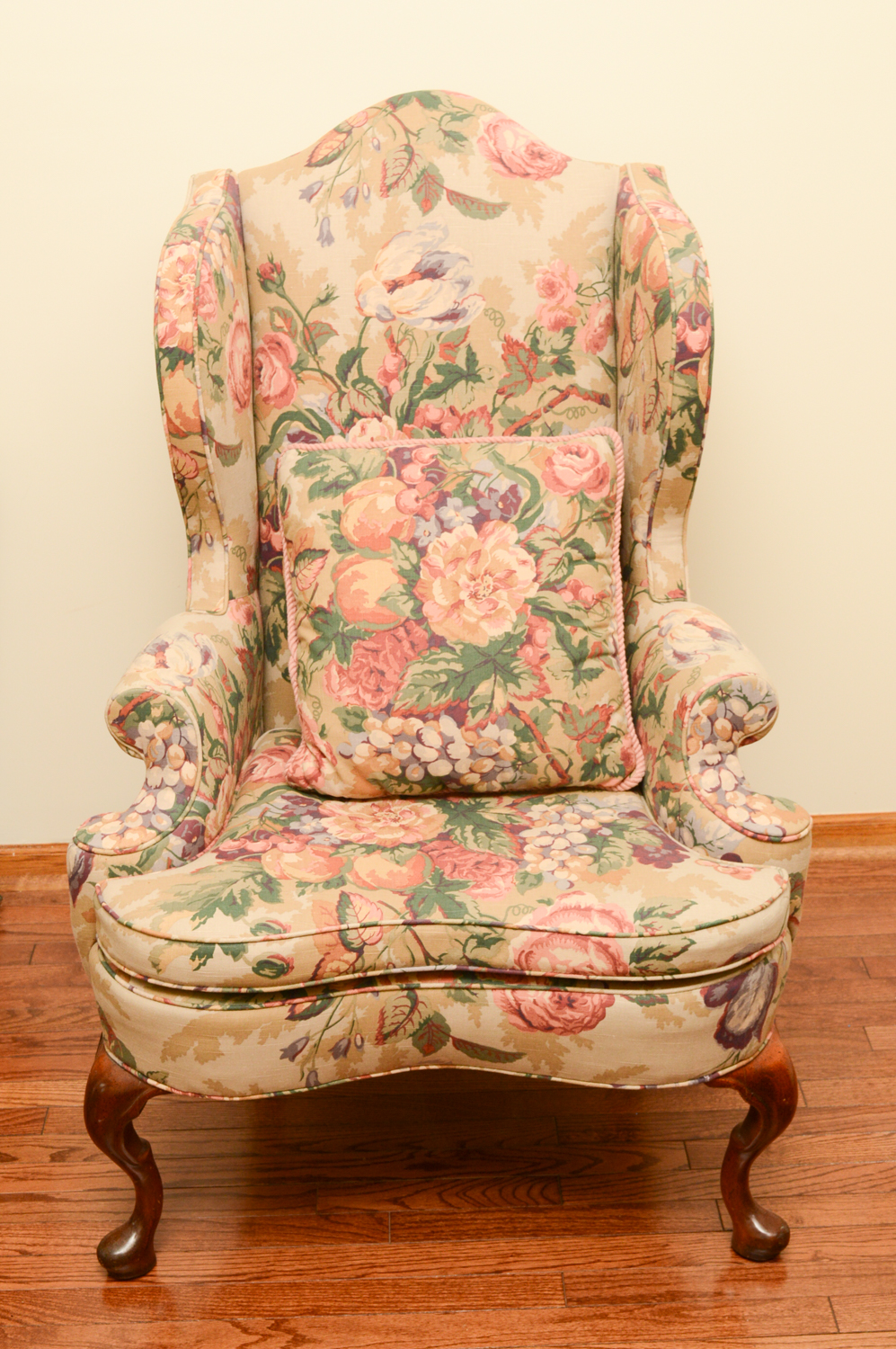 Vintage Queen Anne Style Floral Upholstered Wingback Chairs