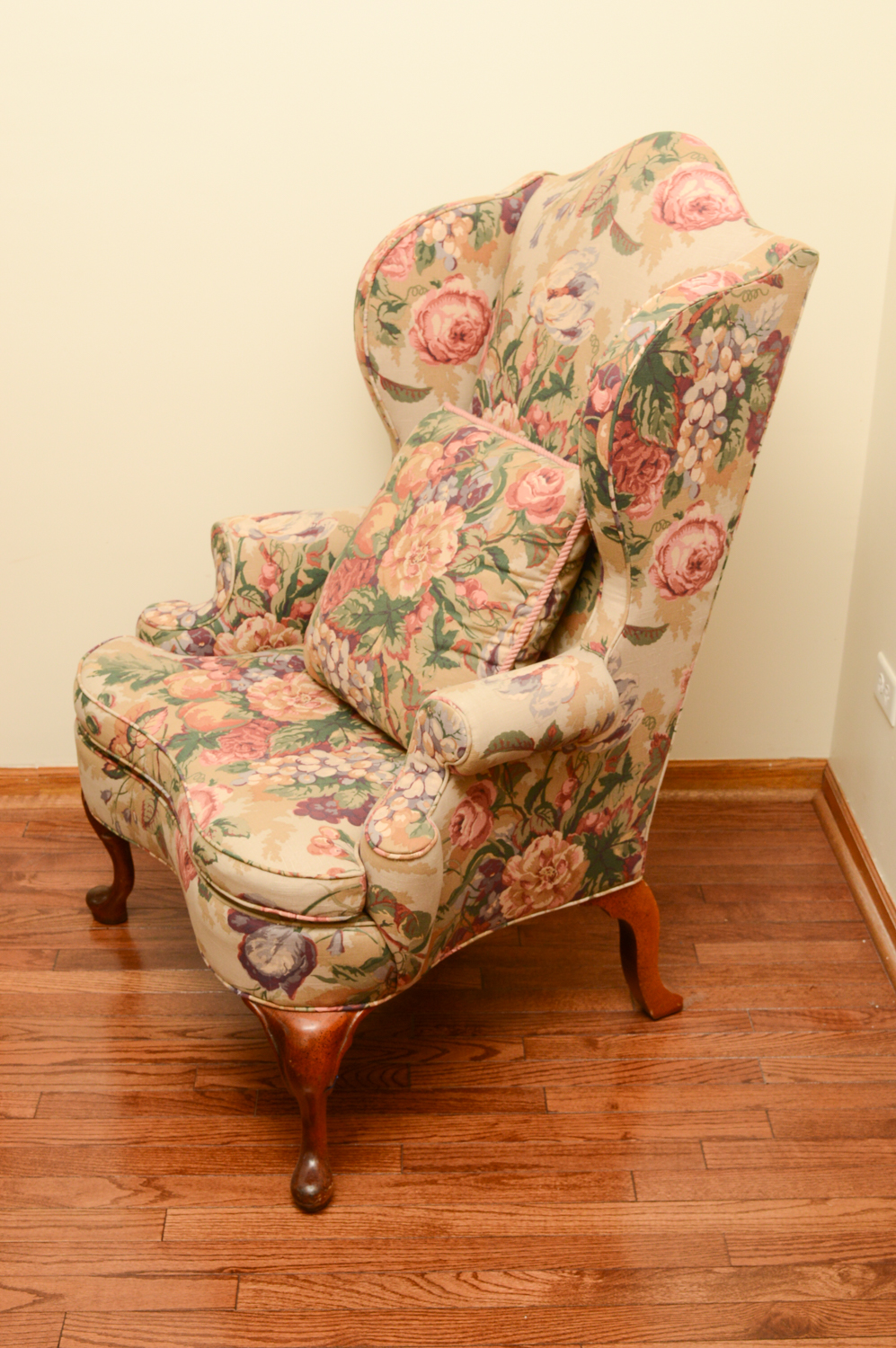 Vintage Queen Anne Style Floral Upholstered Wingback Chairs