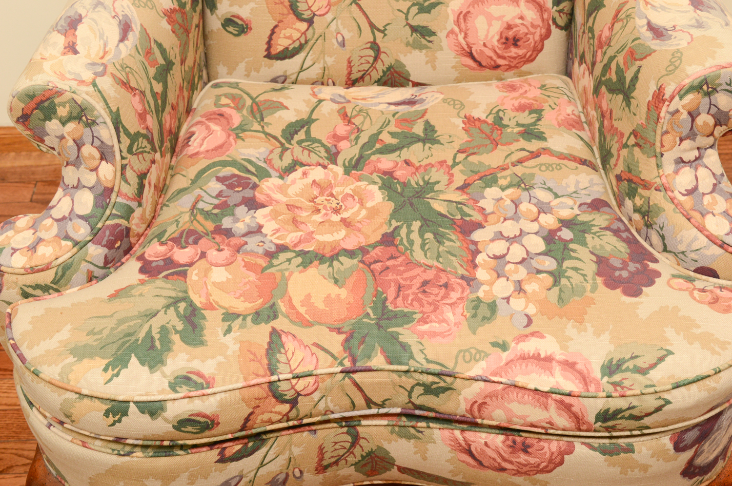 Vintage Queen Anne Style Floral Upholstered Wingback Chairs