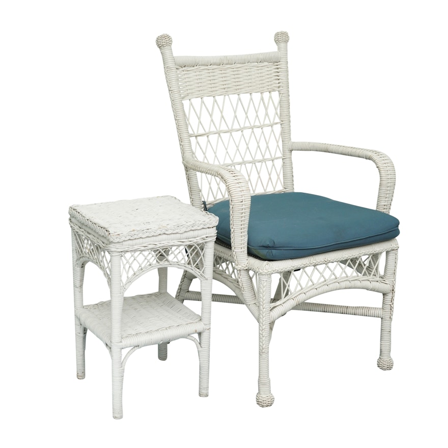 White Wicker Style Armchair with Side Table