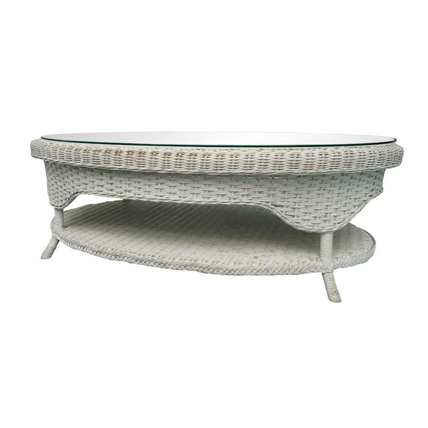 White Wicker Coffee Table with Glass Top