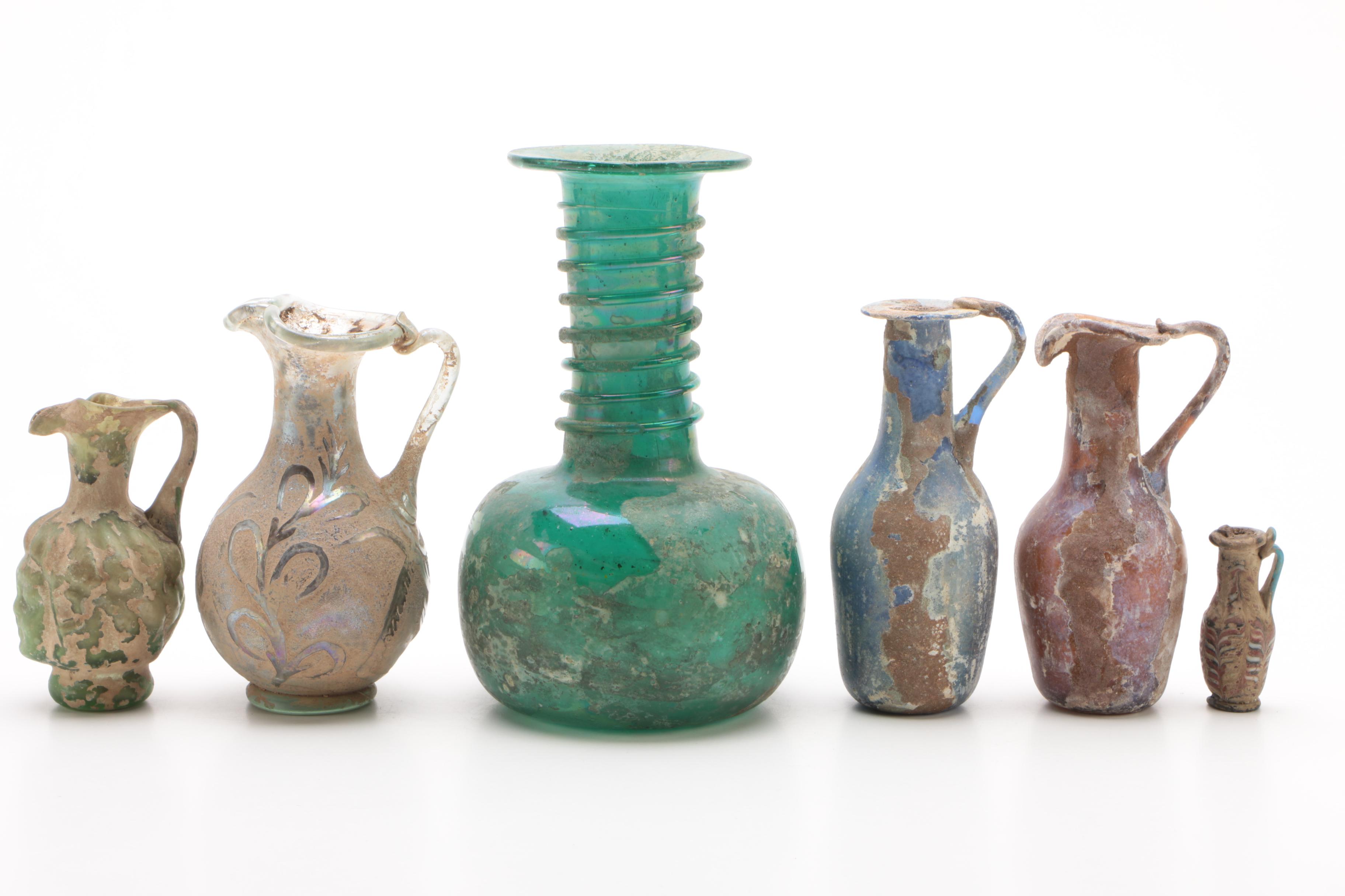 Distressed Art Glass Ewers and Vases with Applied Clay