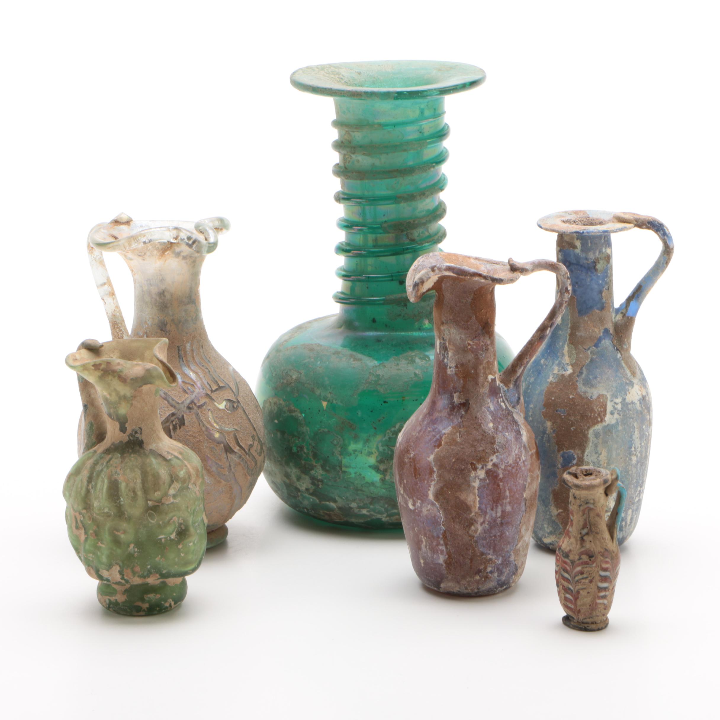 Distressed Art Glass Ewers and Vases with Applied Clay
