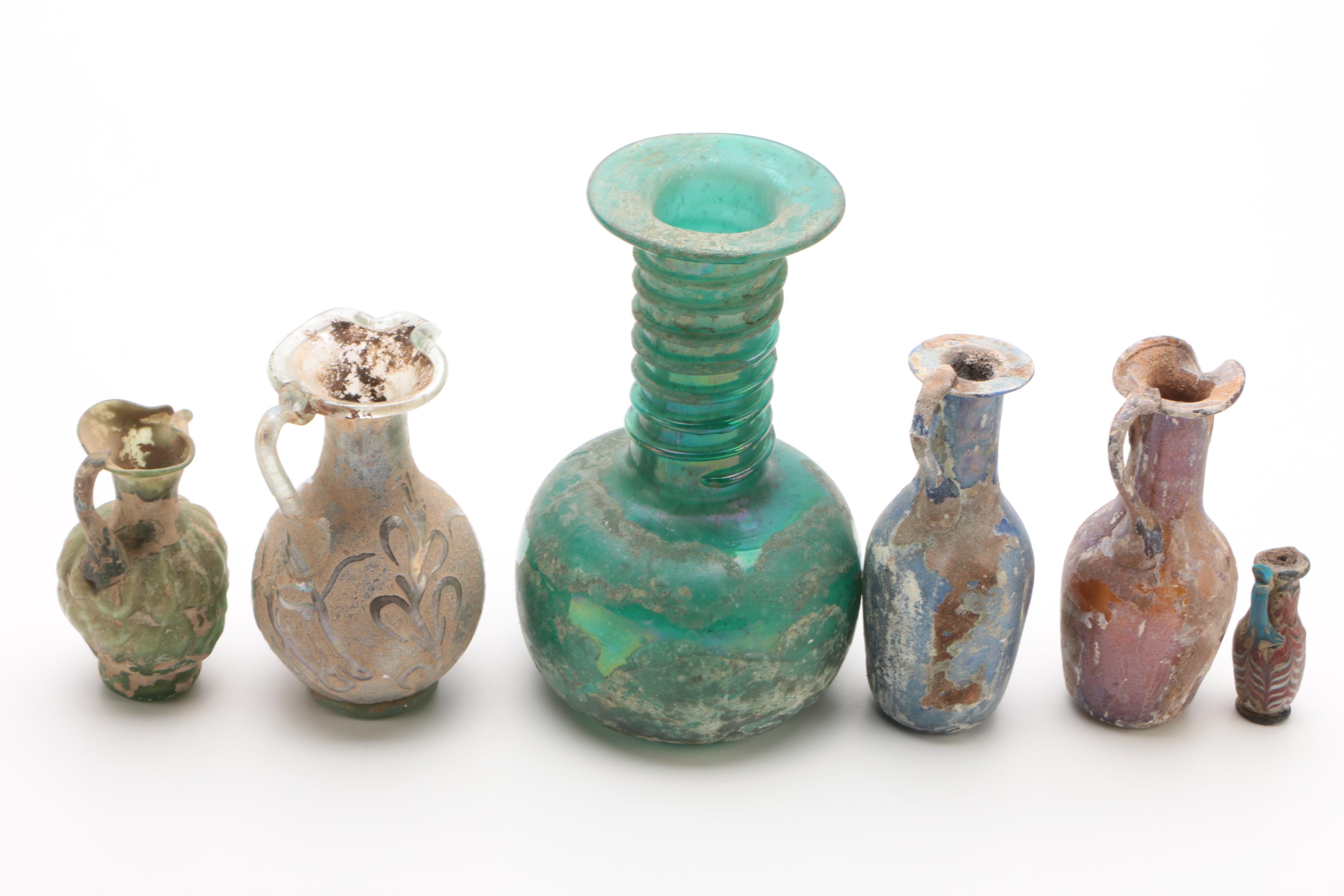 Distressed Art Glass Ewers and Vases with Applied Clay