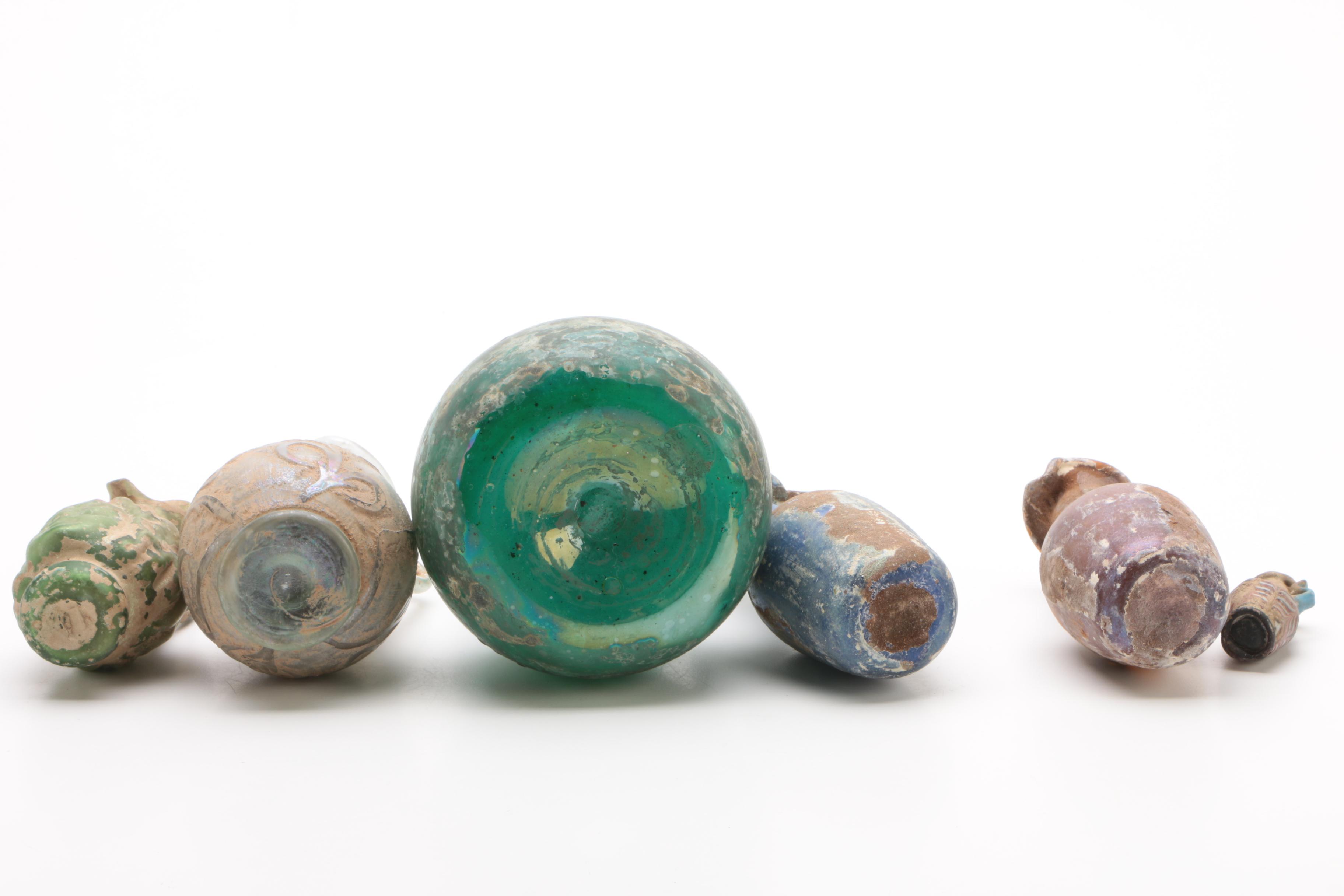 Distressed Art Glass Ewers and Vases with Applied Clay