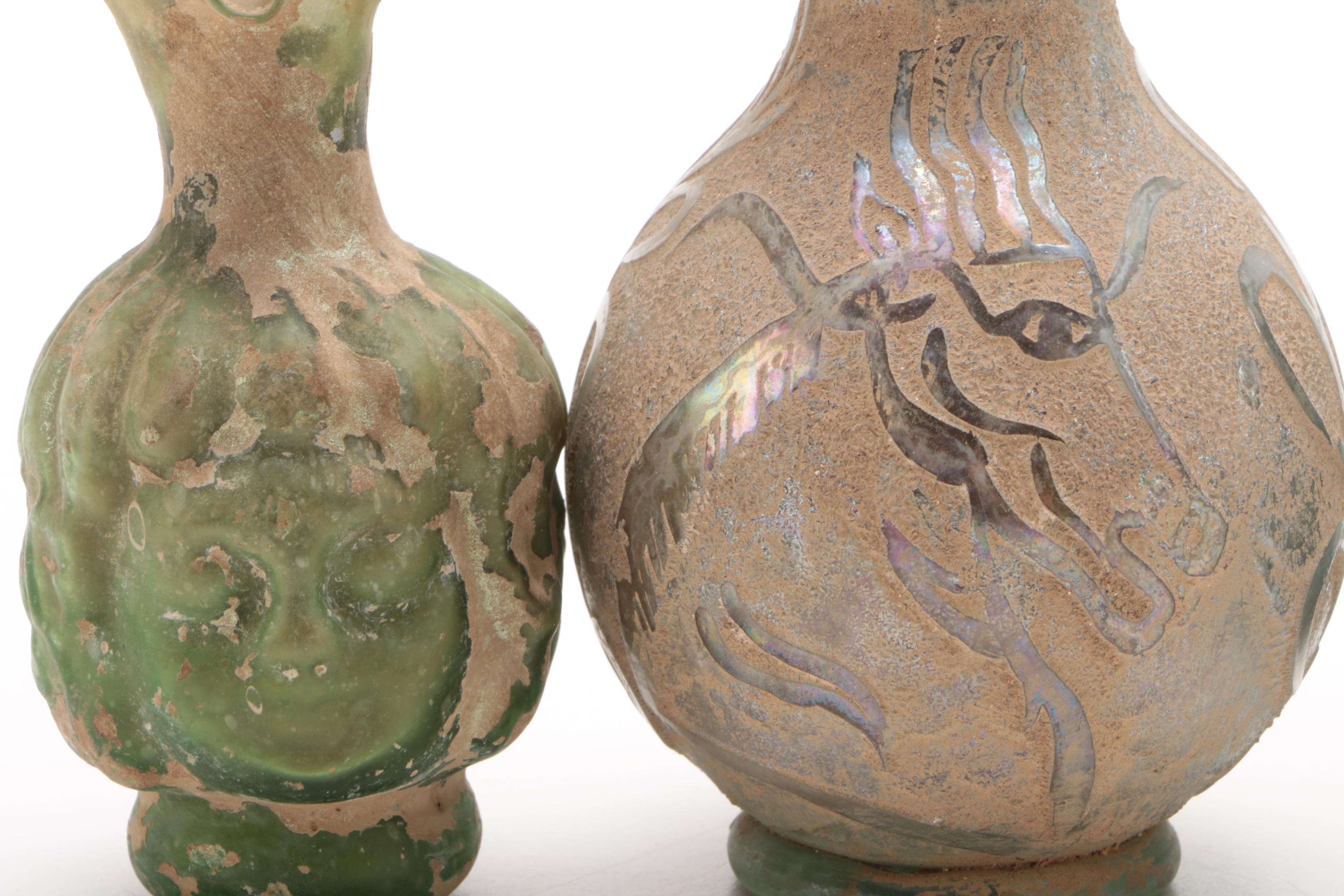 Distressed Art Glass Ewers and Vases with Applied Clay