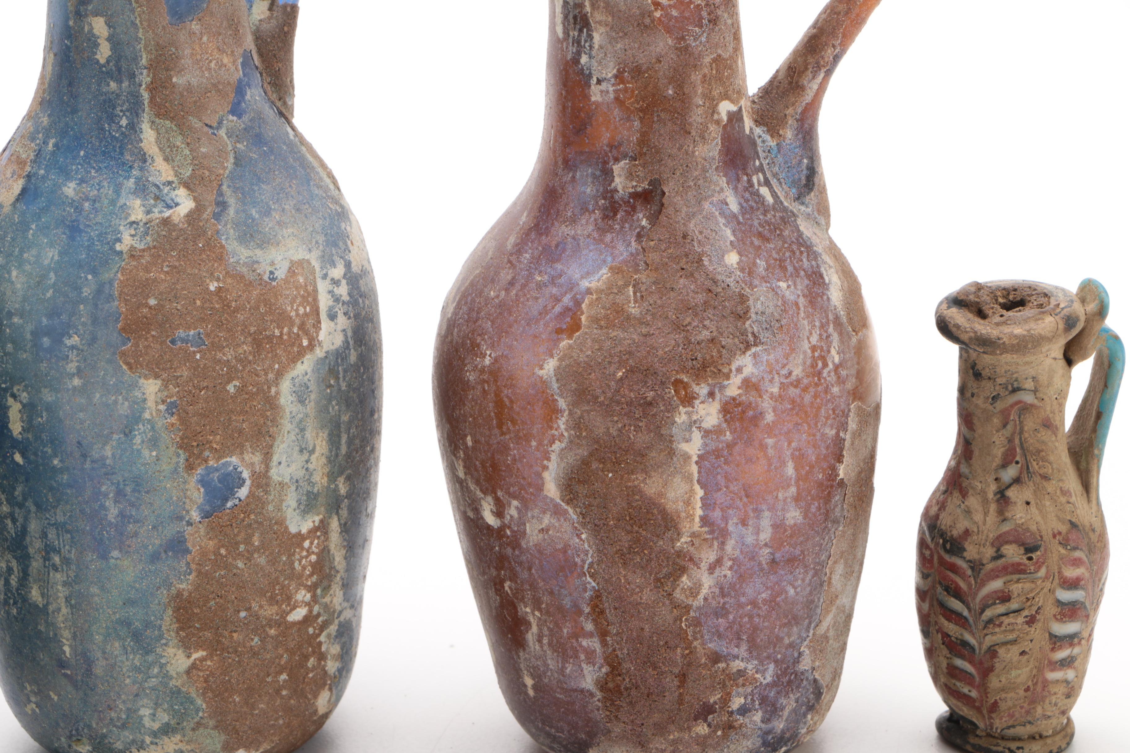 Distressed Art Glass Ewers and Vases with Applied Clay