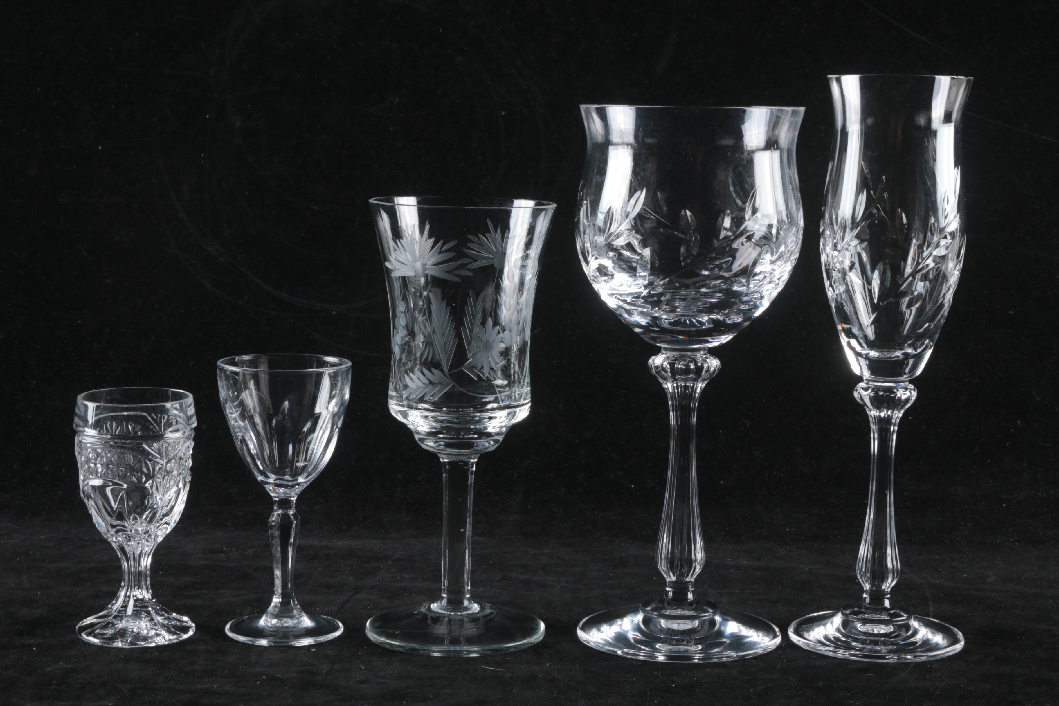 Glass Stemware Including Floral and Foliate Motifs