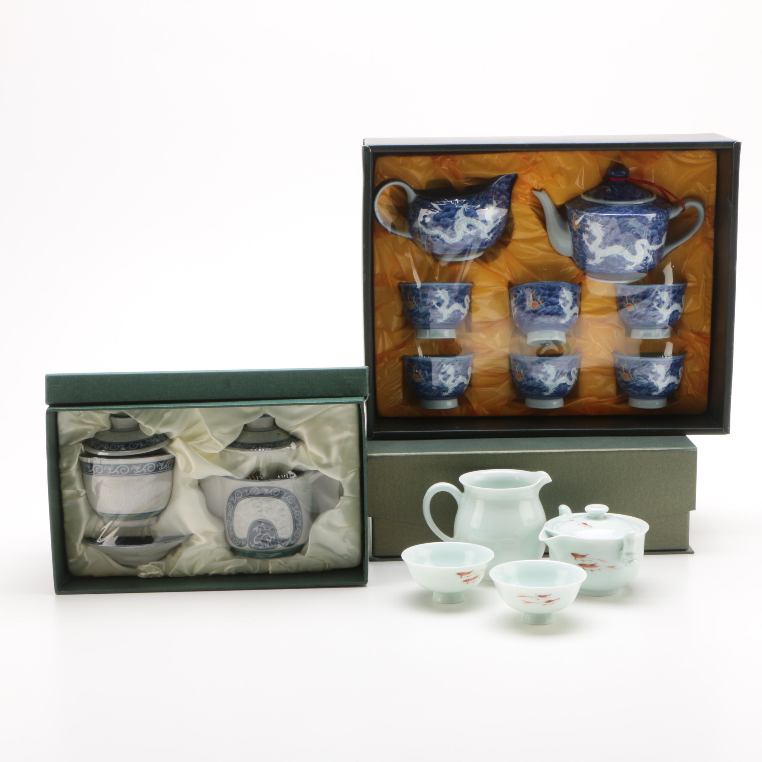 Chinese Porcelain Tea Sets with Fish and Dragon Motifs