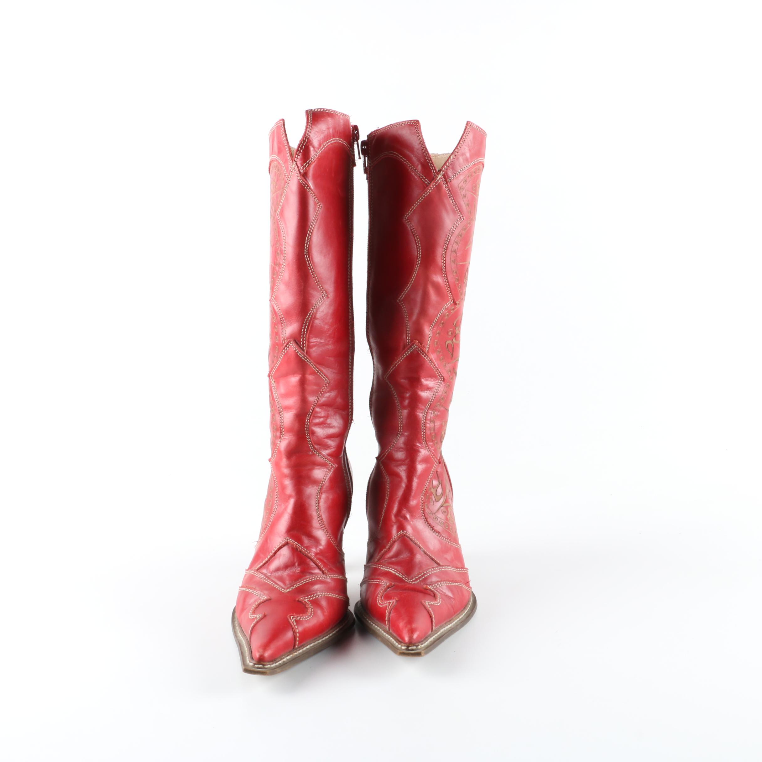 Women's Destroy Red Leather High-Heeled Western Boots
