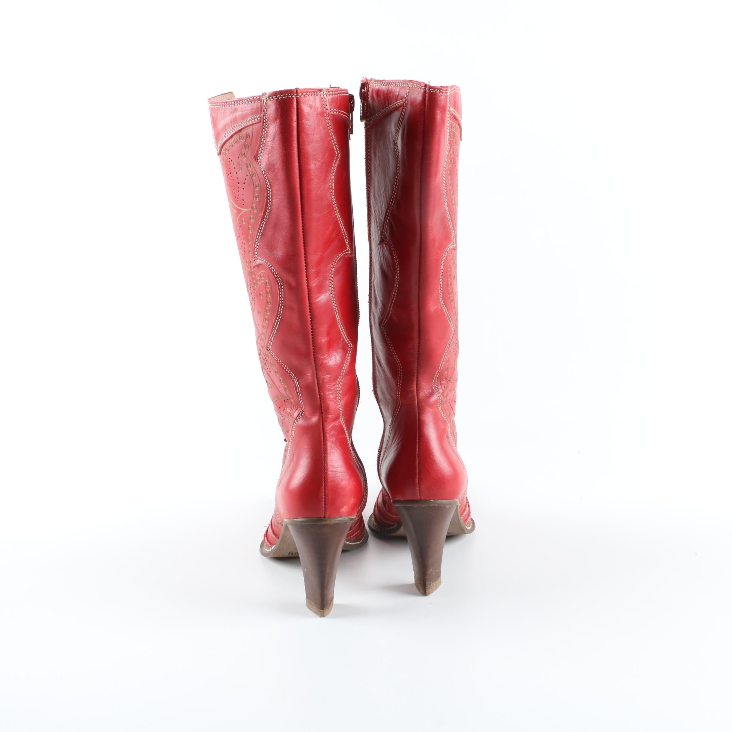 Women's Destroy Red Leather High-Heeled Western Boots