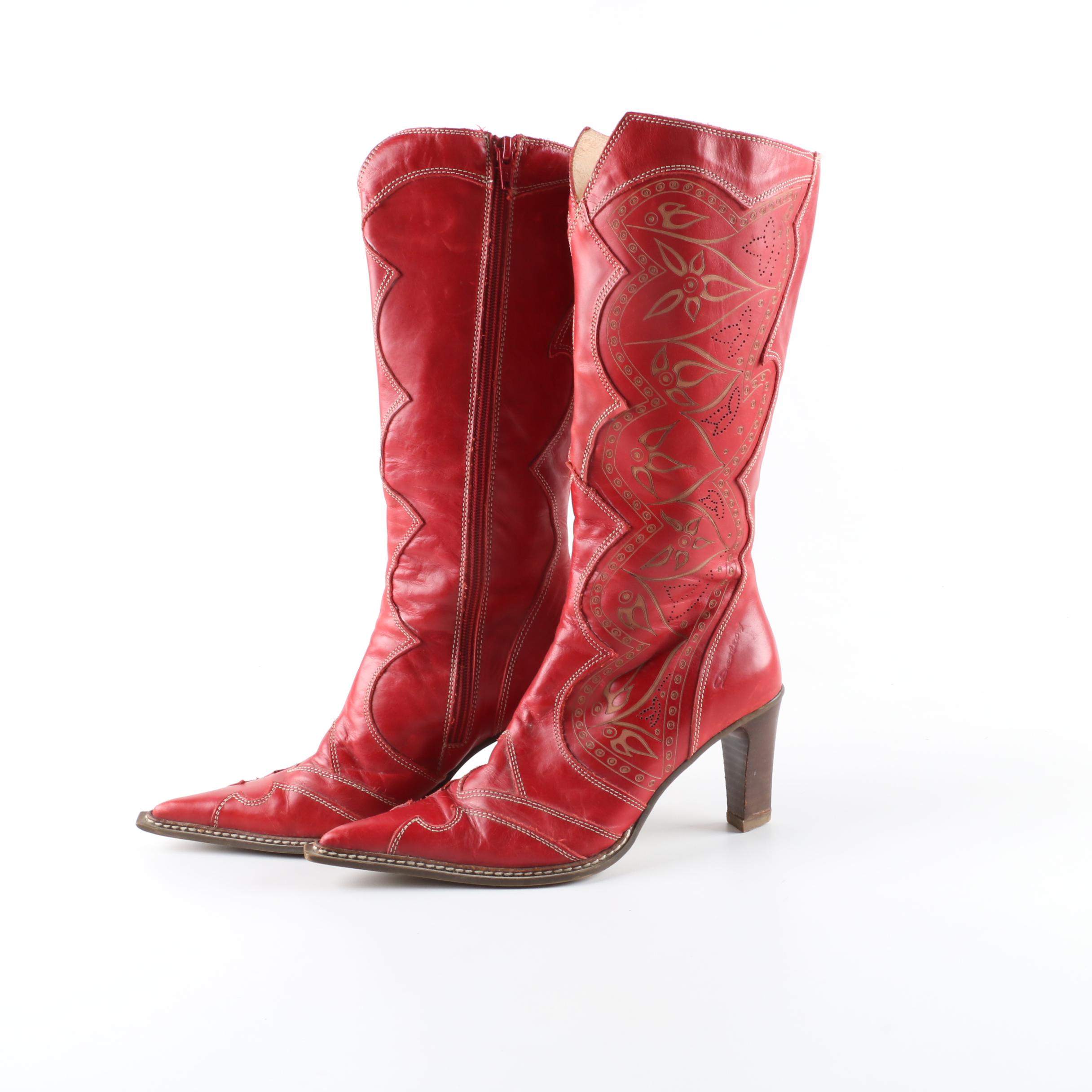 Women's Destroy Red Leather High-Heeled Western Boots