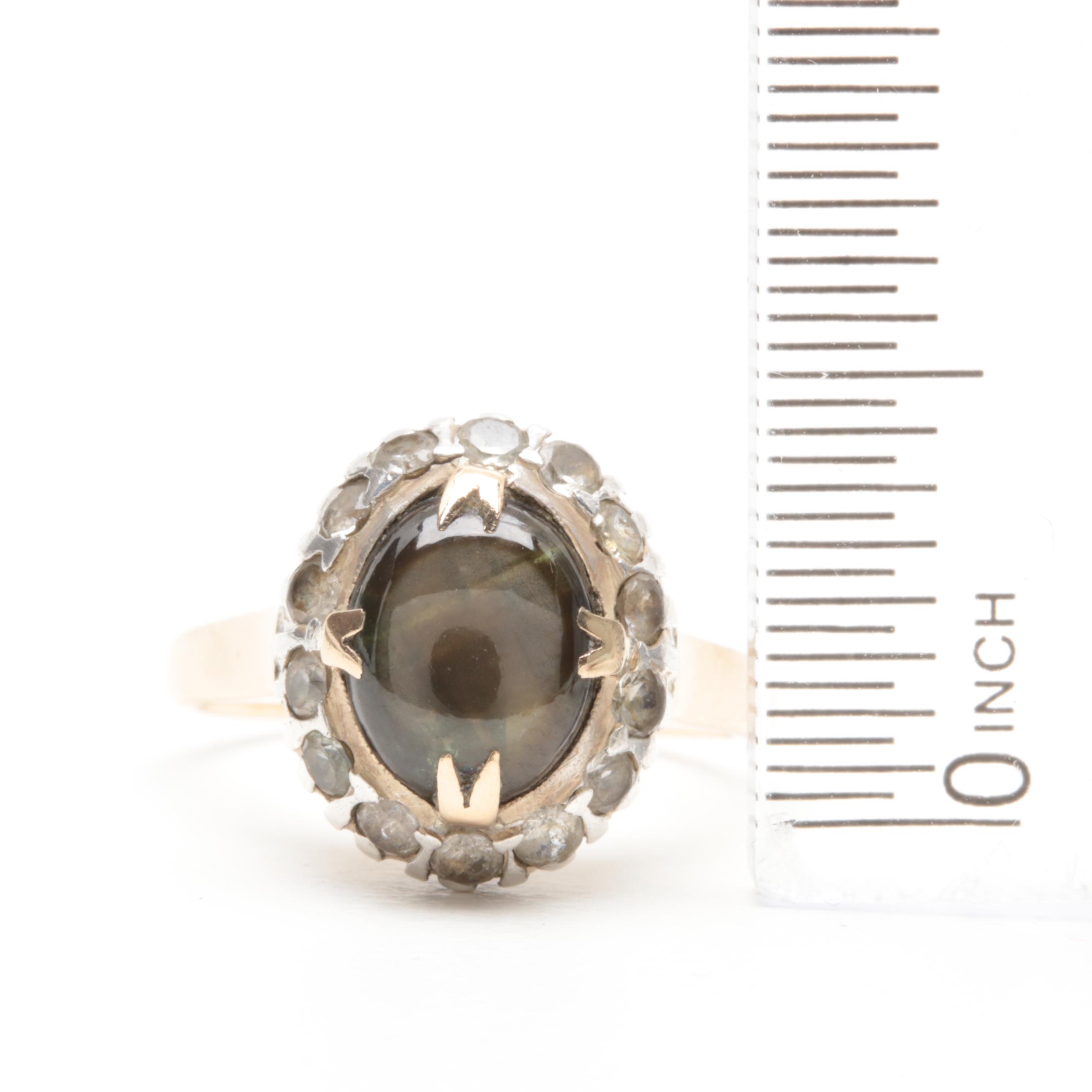 14K Yellow Gold Black Star Sapphire and Synthetic Spinel Ring with Silver Accent