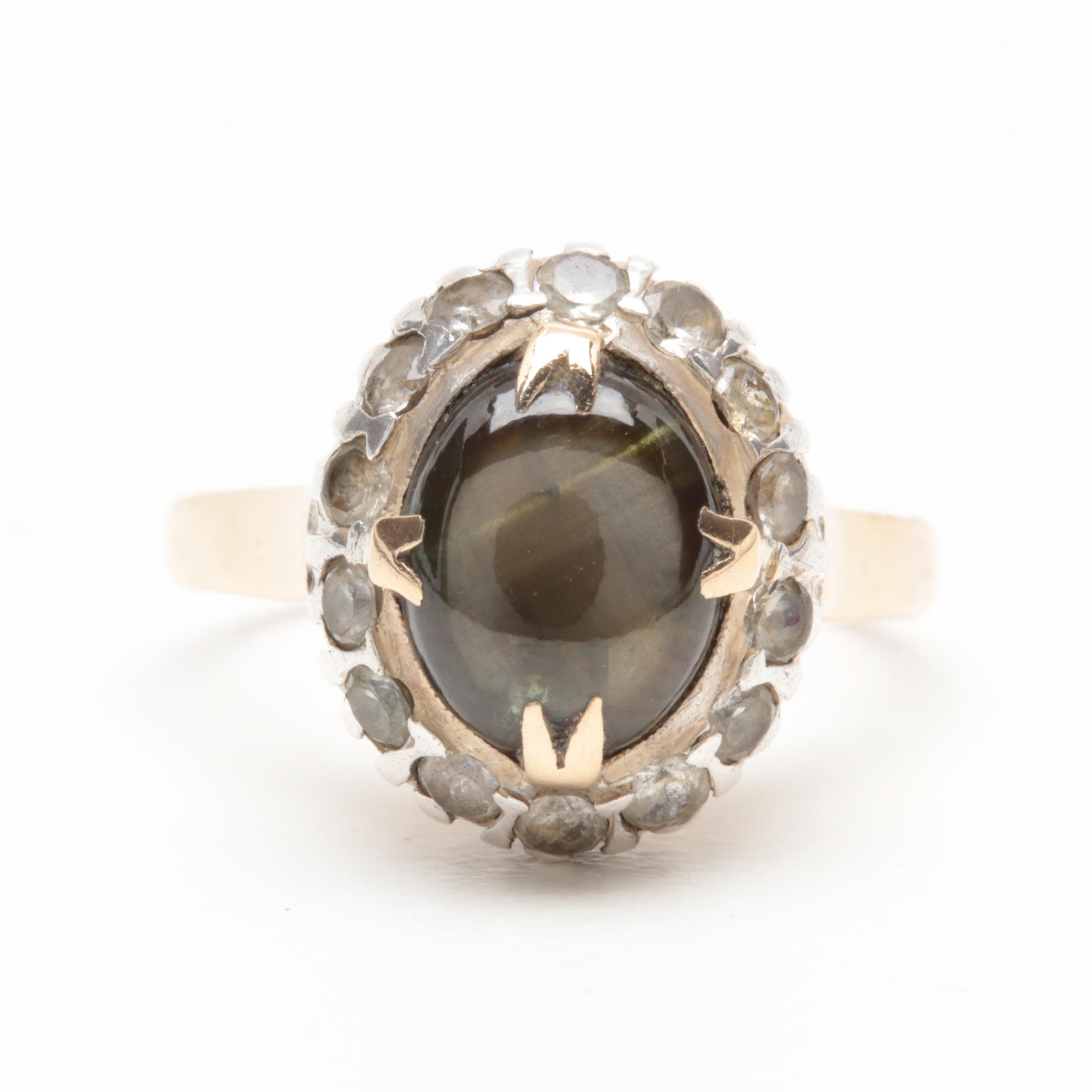 14K Yellow Gold Black Star Sapphire and Synthetic Spinel Ring with Silver Accent