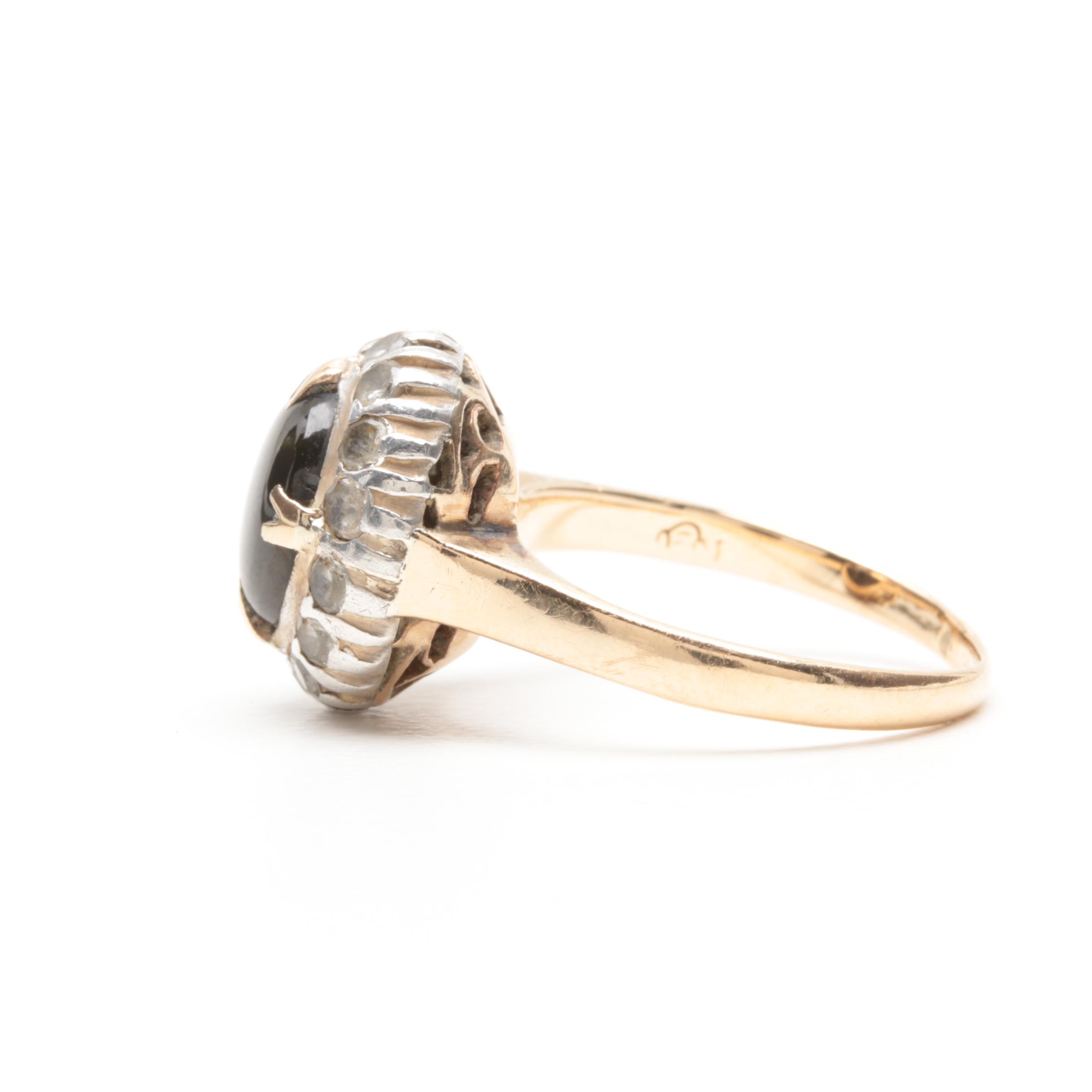 14K Yellow Gold Black Star Sapphire and Synthetic Spinel Ring with Silver Accent