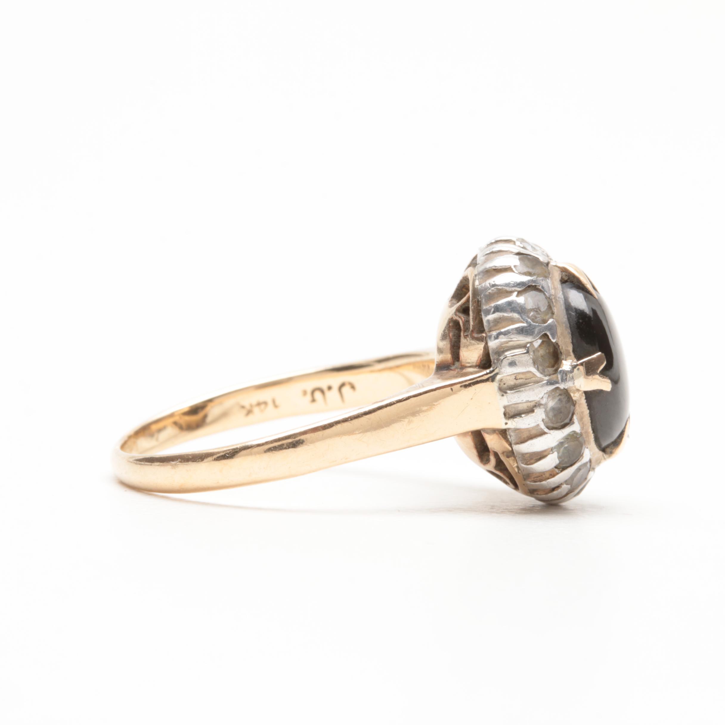 14K Yellow Gold Black Star Sapphire and Synthetic Spinel Ring with Silver Accent