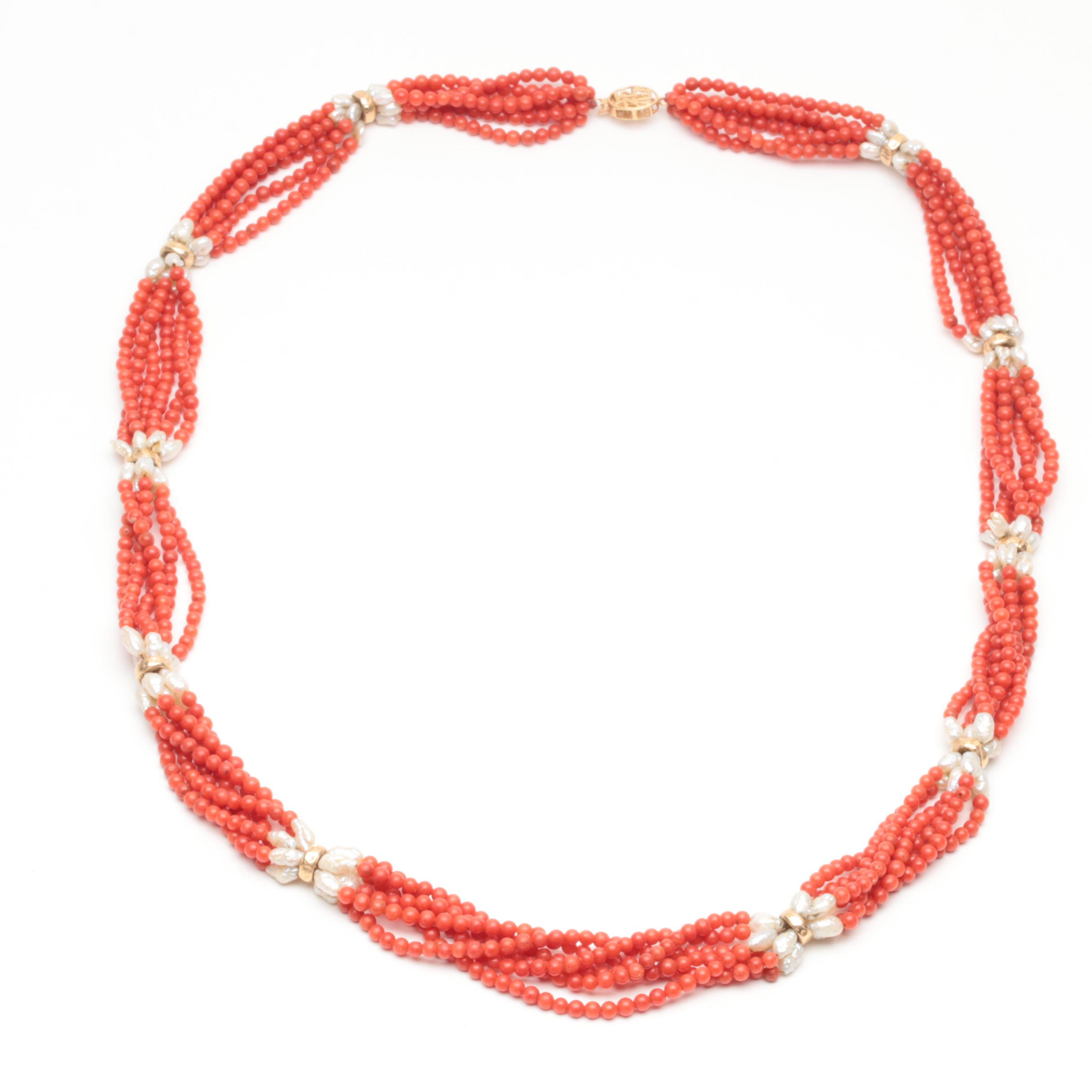 14K Yellow Gold Coral and Cultured Pearl Multi-Strand Necklace