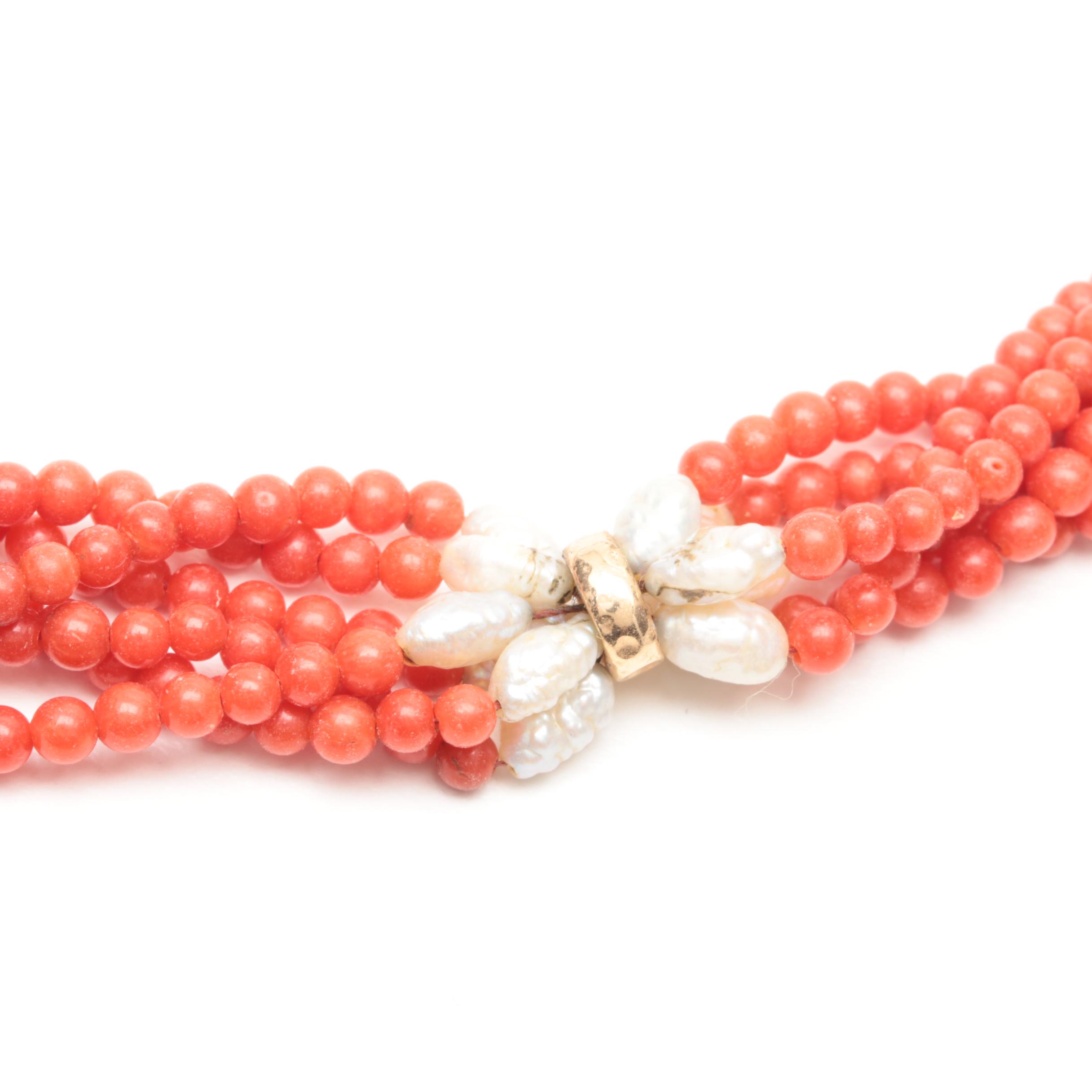 14K Yellow Gold Coral and Cultured Pearl Multi-Strand Necklace