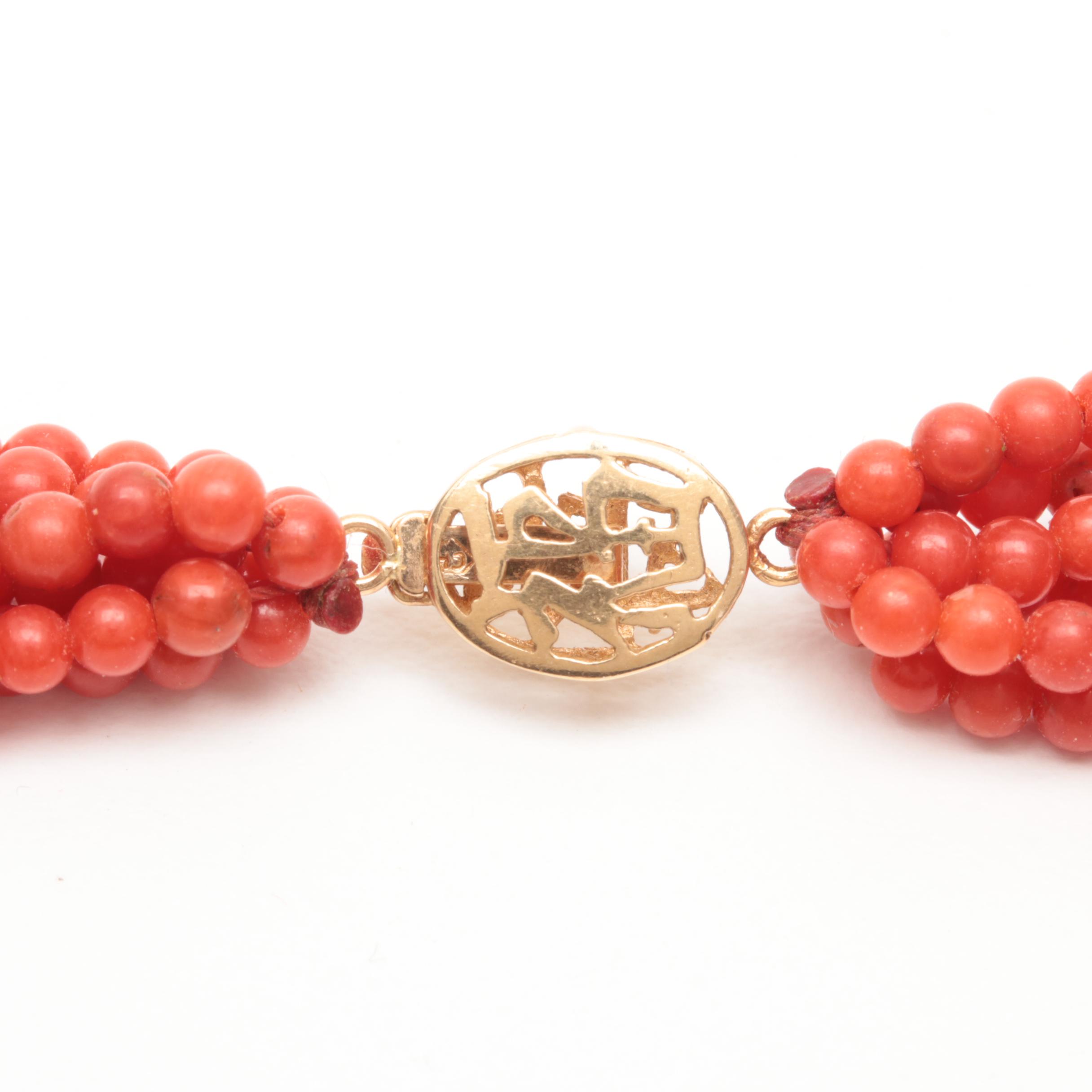 14K Yellow Gold Coral and Cultured Pearl Multi-Strand Necklace