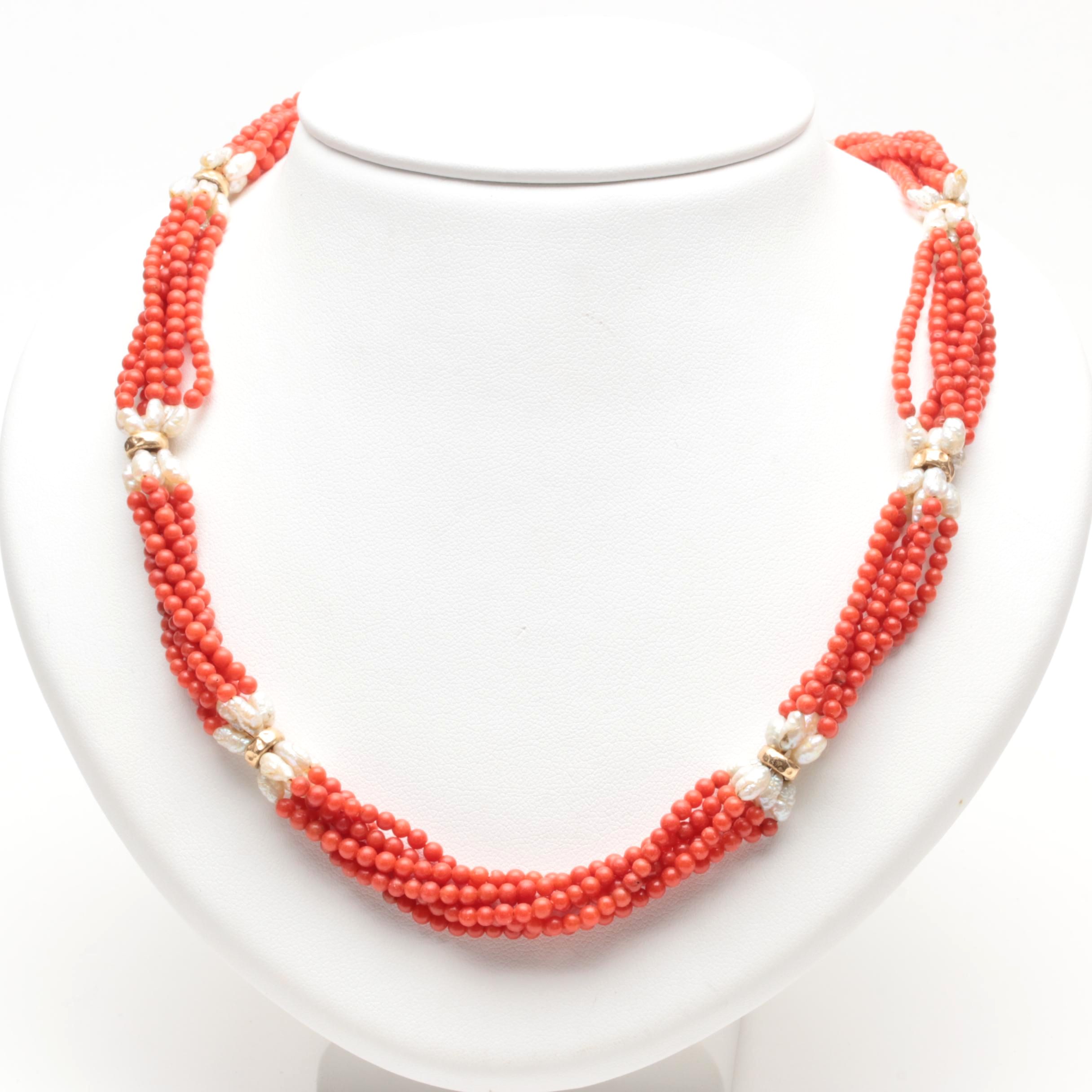 14K Yellow Gold Coral and Cultured Pearl Multi-Strand Necklace