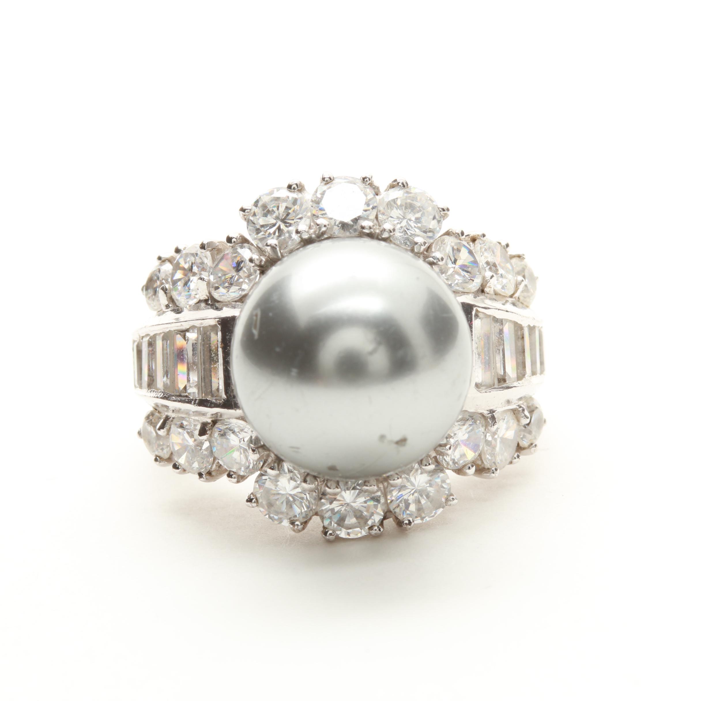 Sterling Silver Pearl and Cubic Zirconia Ring and Earrings