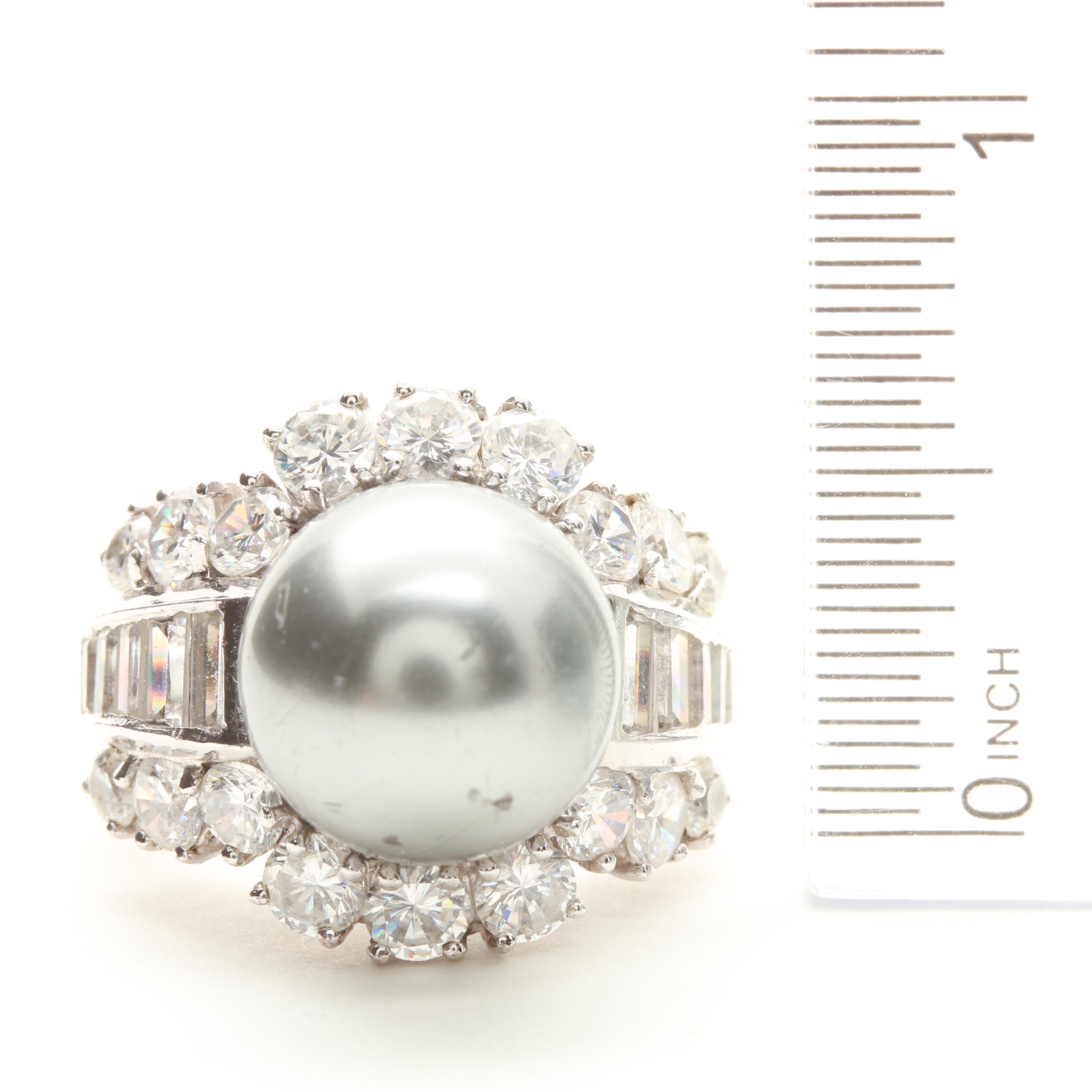 Sterling Silver Pearl and Cubic Zirconia Ring and Earrings