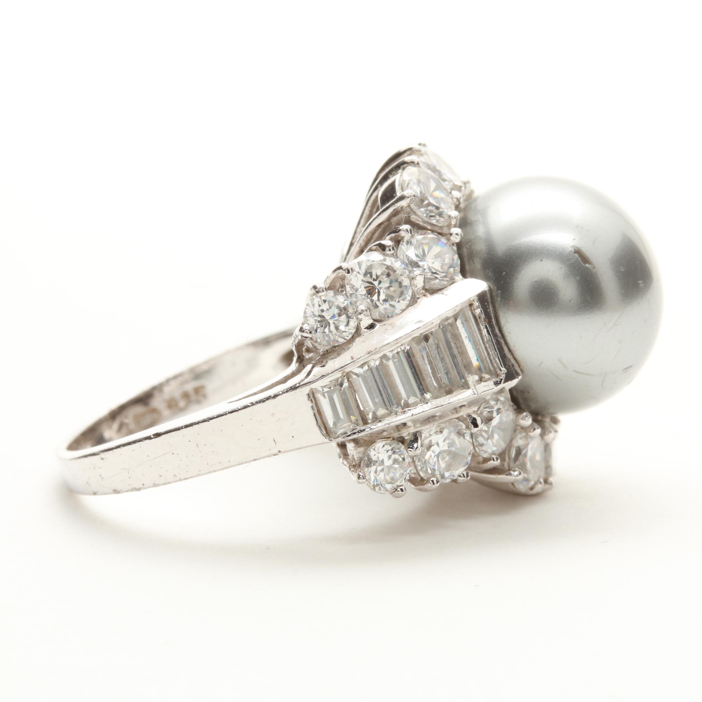 Sterling Silver Pearl and Cubic Zirconia Ring and Earrings