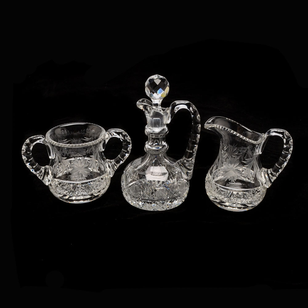 American Brilliant Period Cut Glass Cruet with a Cut Glass Sugar and Creamer
