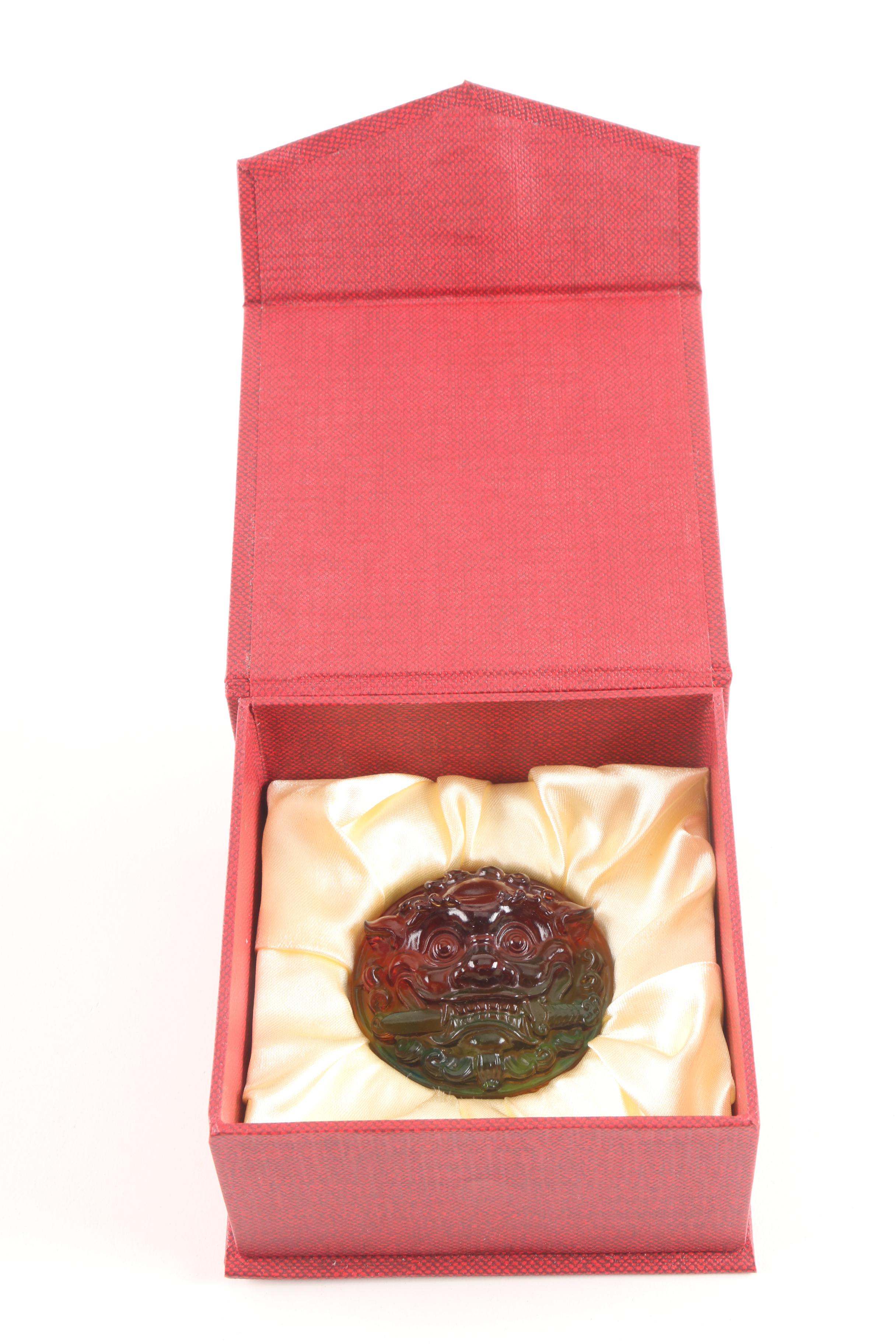 Chinese Signed Guardian Lion Art Glass Paperweight