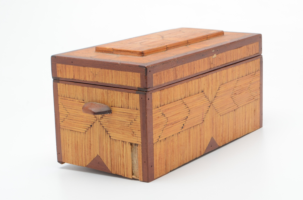 Vintage Tramp Art Matchstick Jewelry Box with Mirror