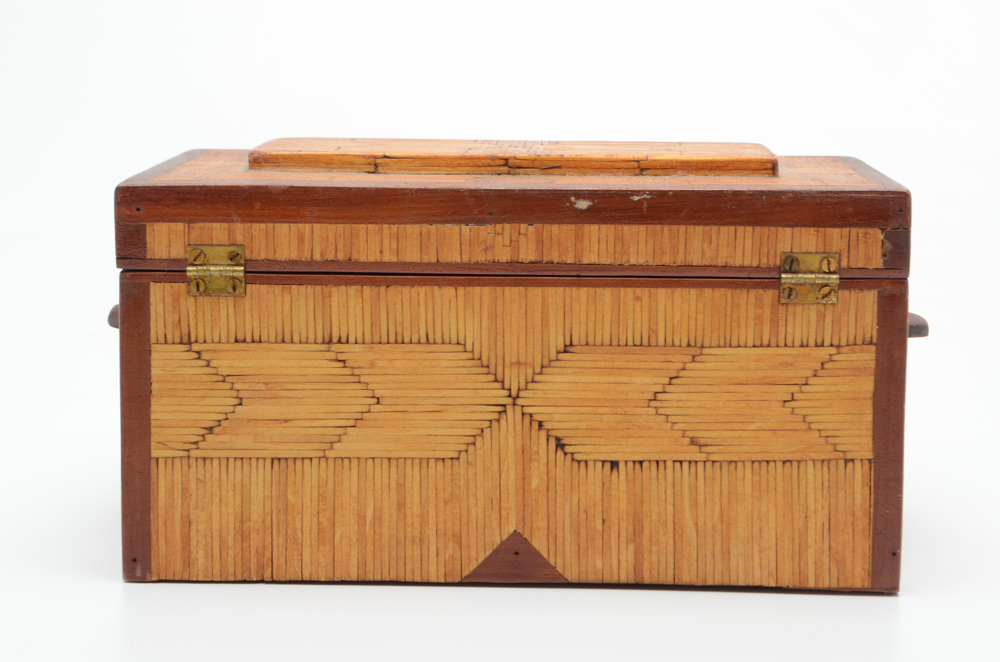 Vintage Tramp Art Matchstick Jewelry Box with Mirror