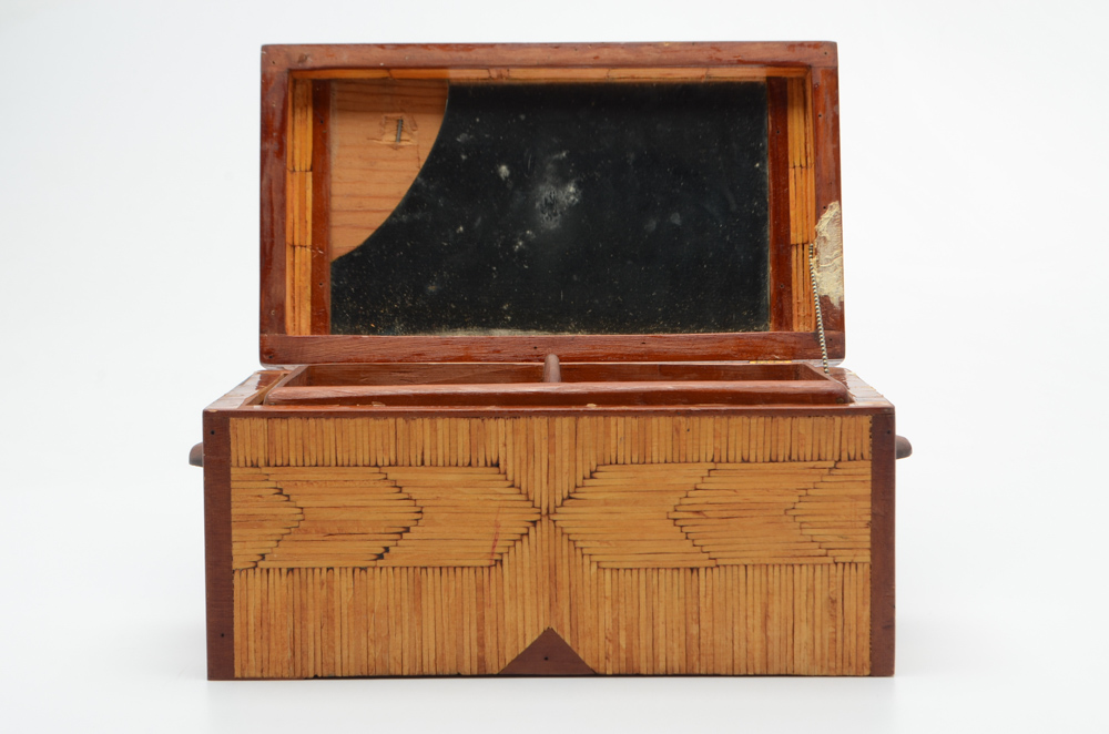 Vintage Tramp Art Matchstick Jewelry Box with Mirror