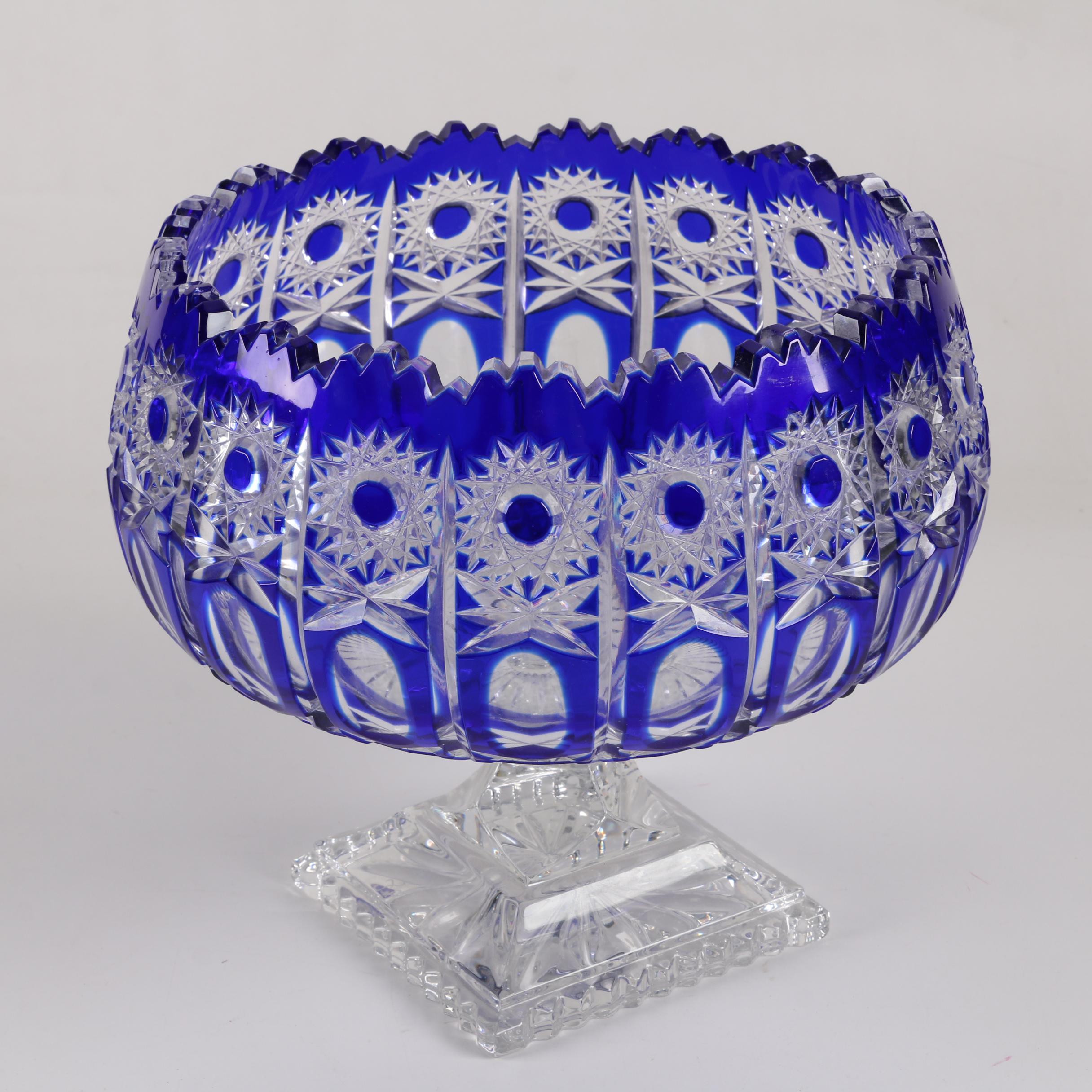 Cased Cobalt Cut to Clear Crystal Compote