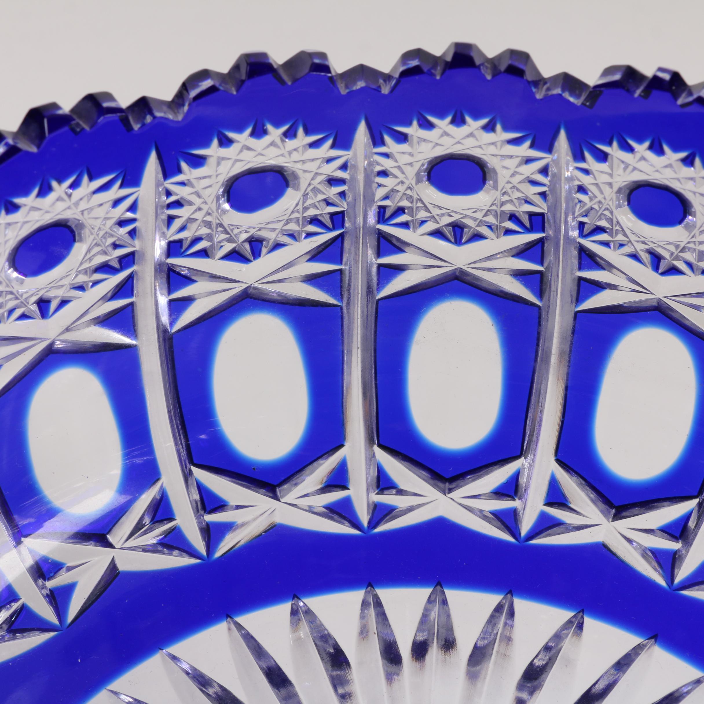 Cased Cobalt Cut to Clear Crystal Compote