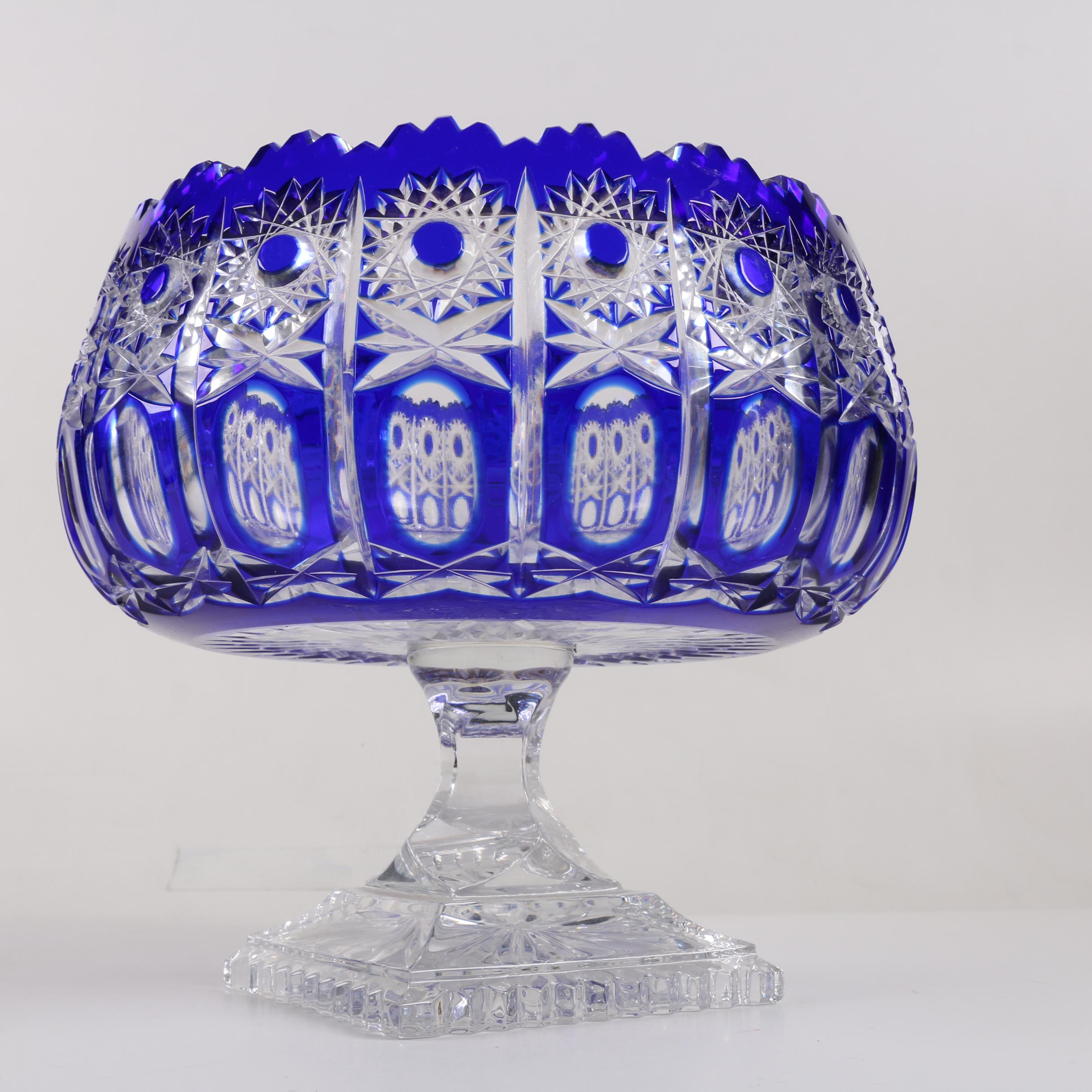 Cased Cobalt Cut to Clear Crystal Compote