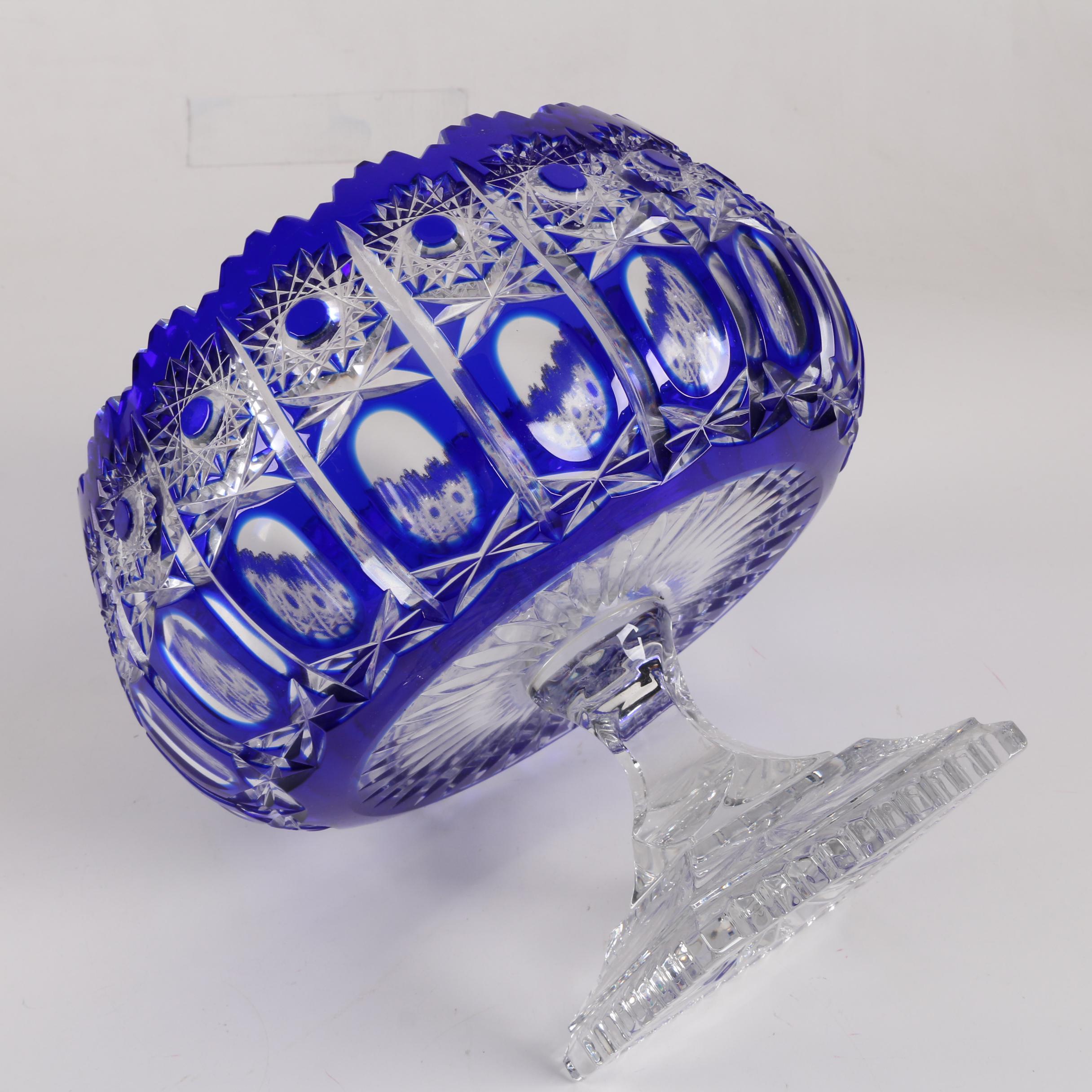 Cased Cobalt Cut to Clear Crystal Compote