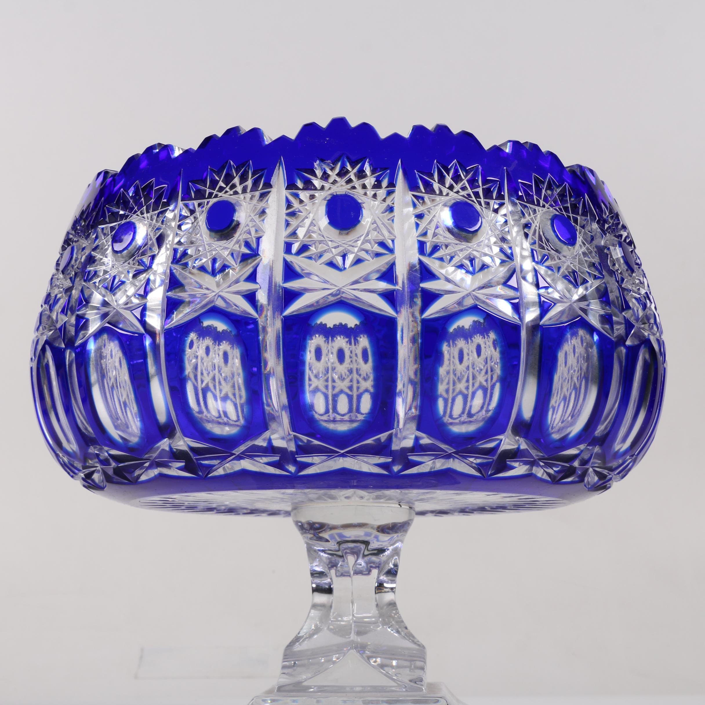 Cased Cobalt Cut to Clear Crystal Compote