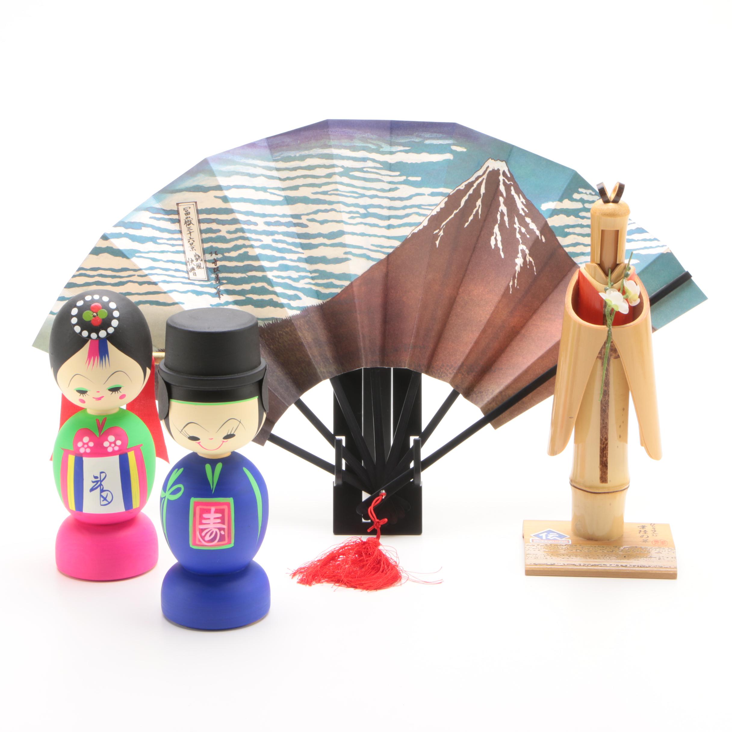 Korean Figurines and Fan After Hokusai's "Red Fuji" Woodblock Print