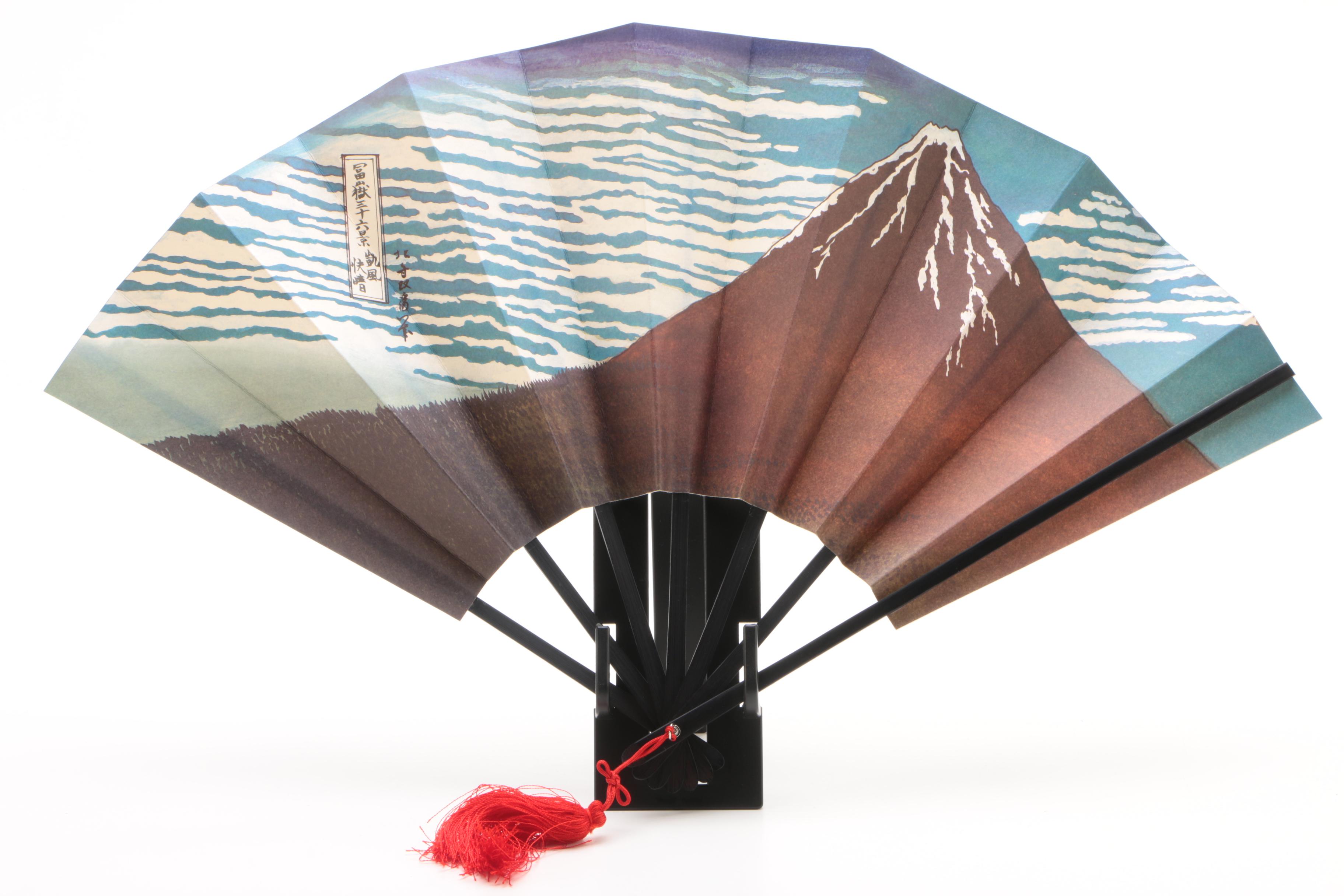 Korean Figurines and Fan After Hokusai's "Red Fuji" Woodblock Print
