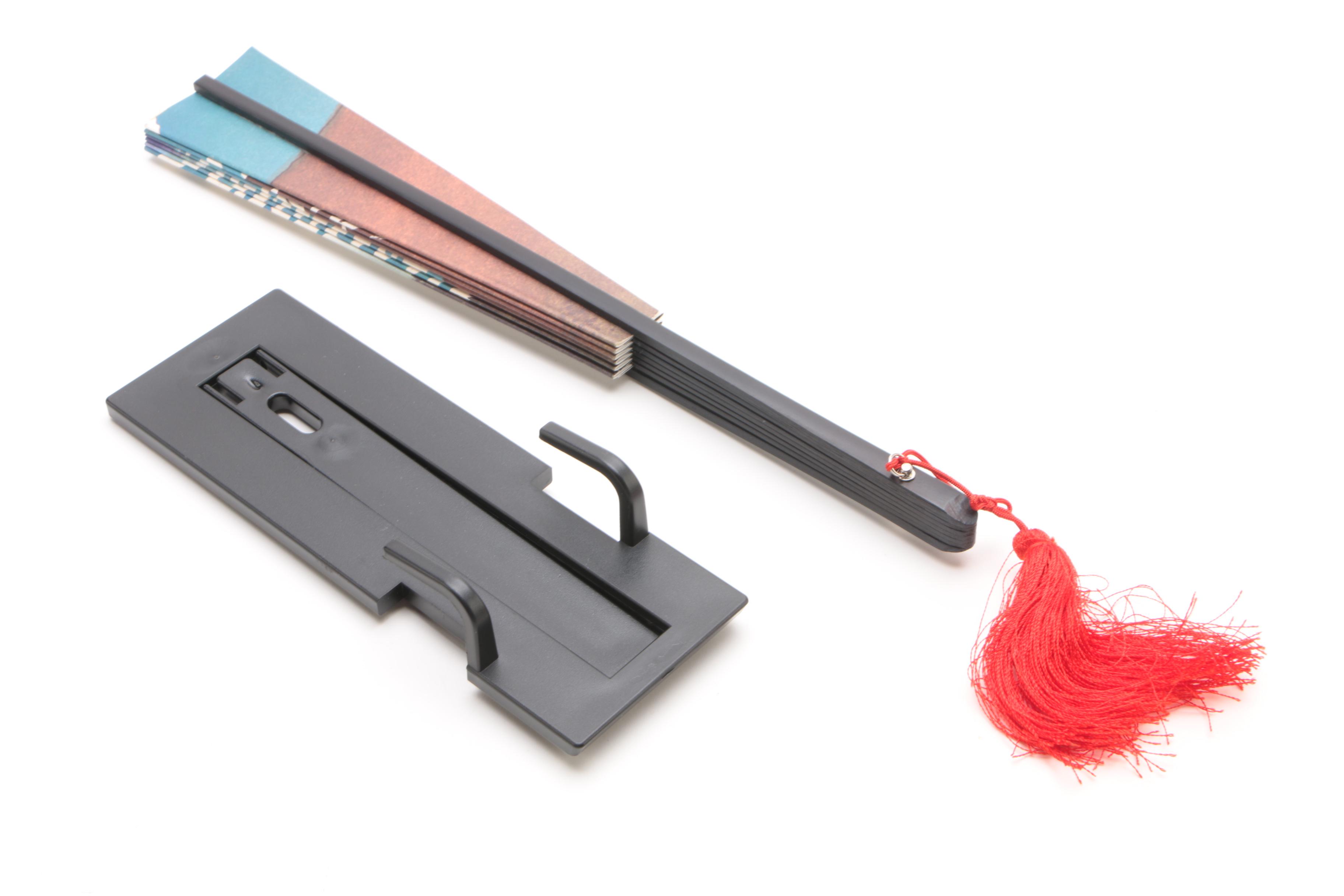 Korean Figurines and Fan After Hokusai's "Red Fuji" Woodblock Print