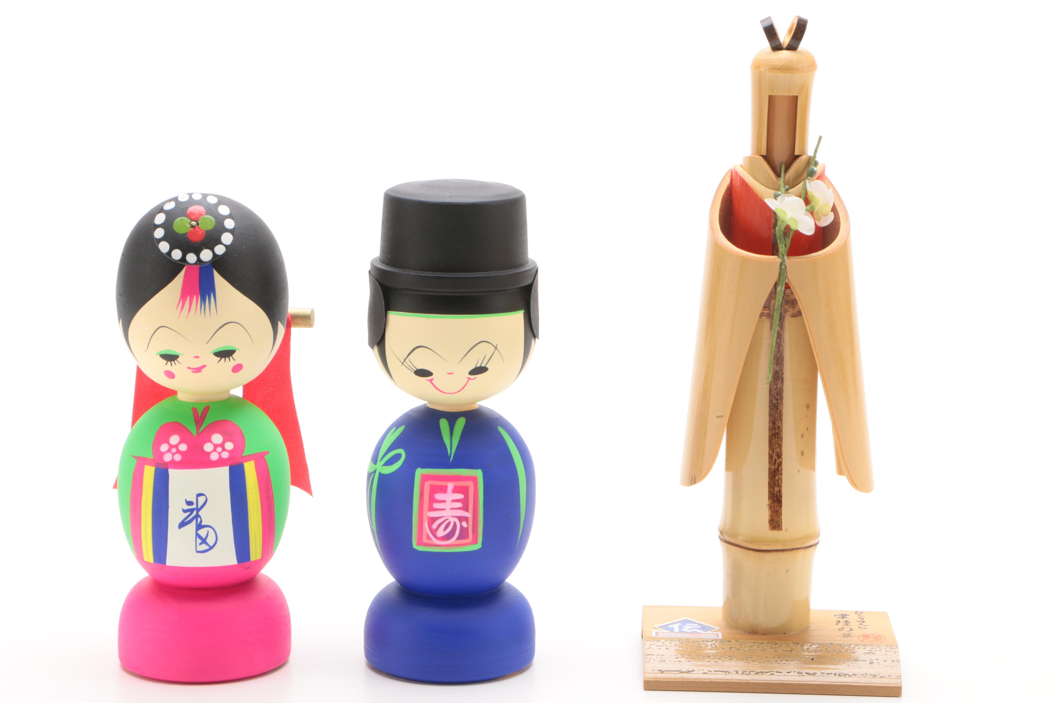 Korean Figurines and Fan After Hokusai's "Red Fuji" Woodblock Print
