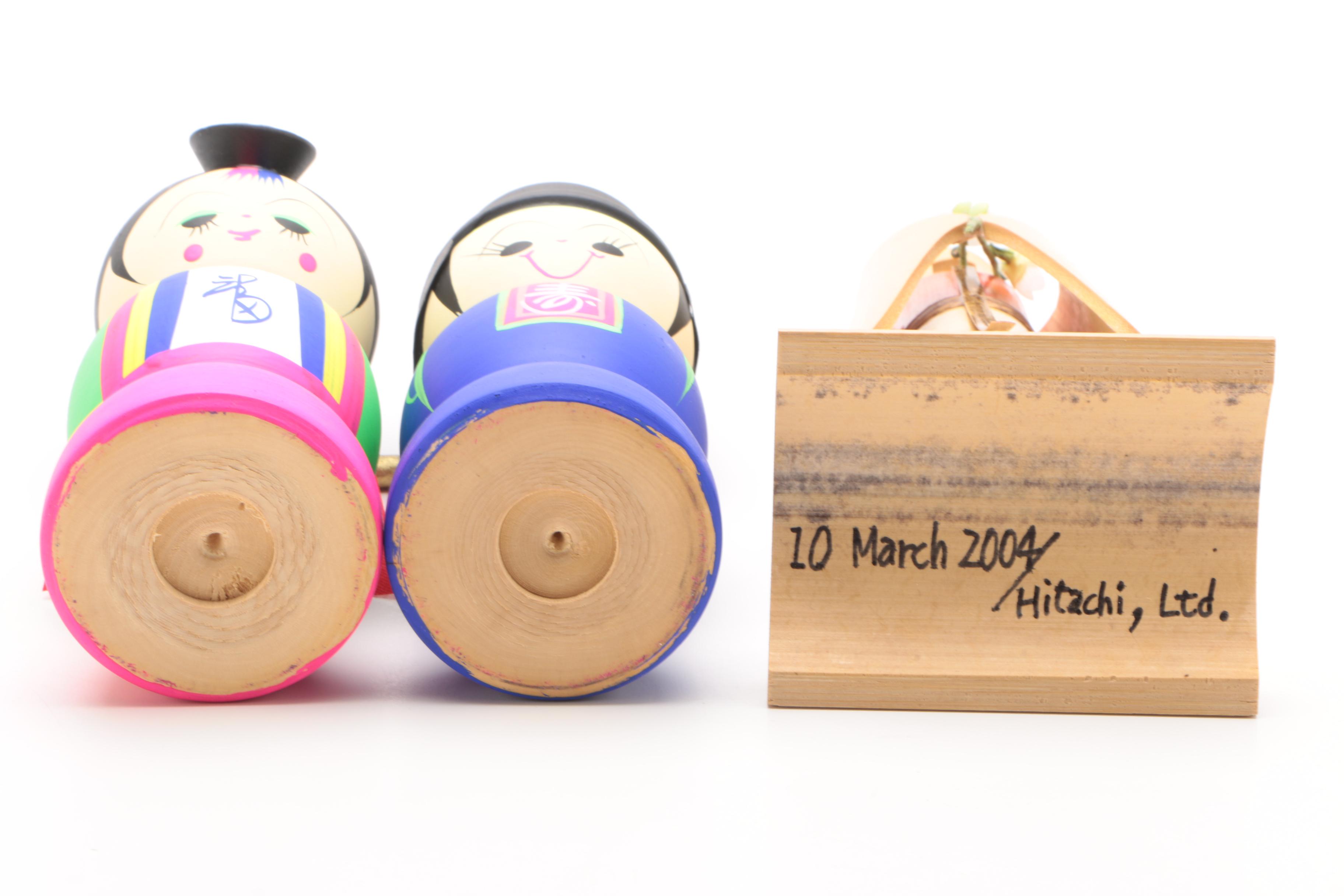 Korean Figurines and Fan After Hokusai's "Red Fuji" Woodblock Print