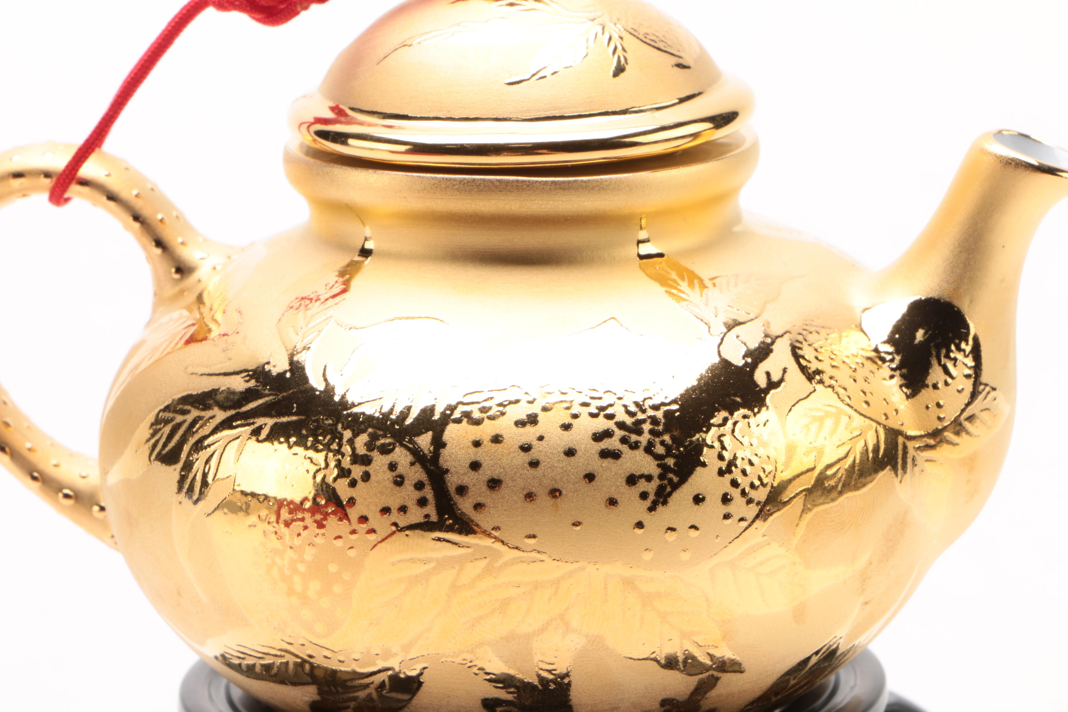 Chinese Kinmen Gilded Teapot and Stand