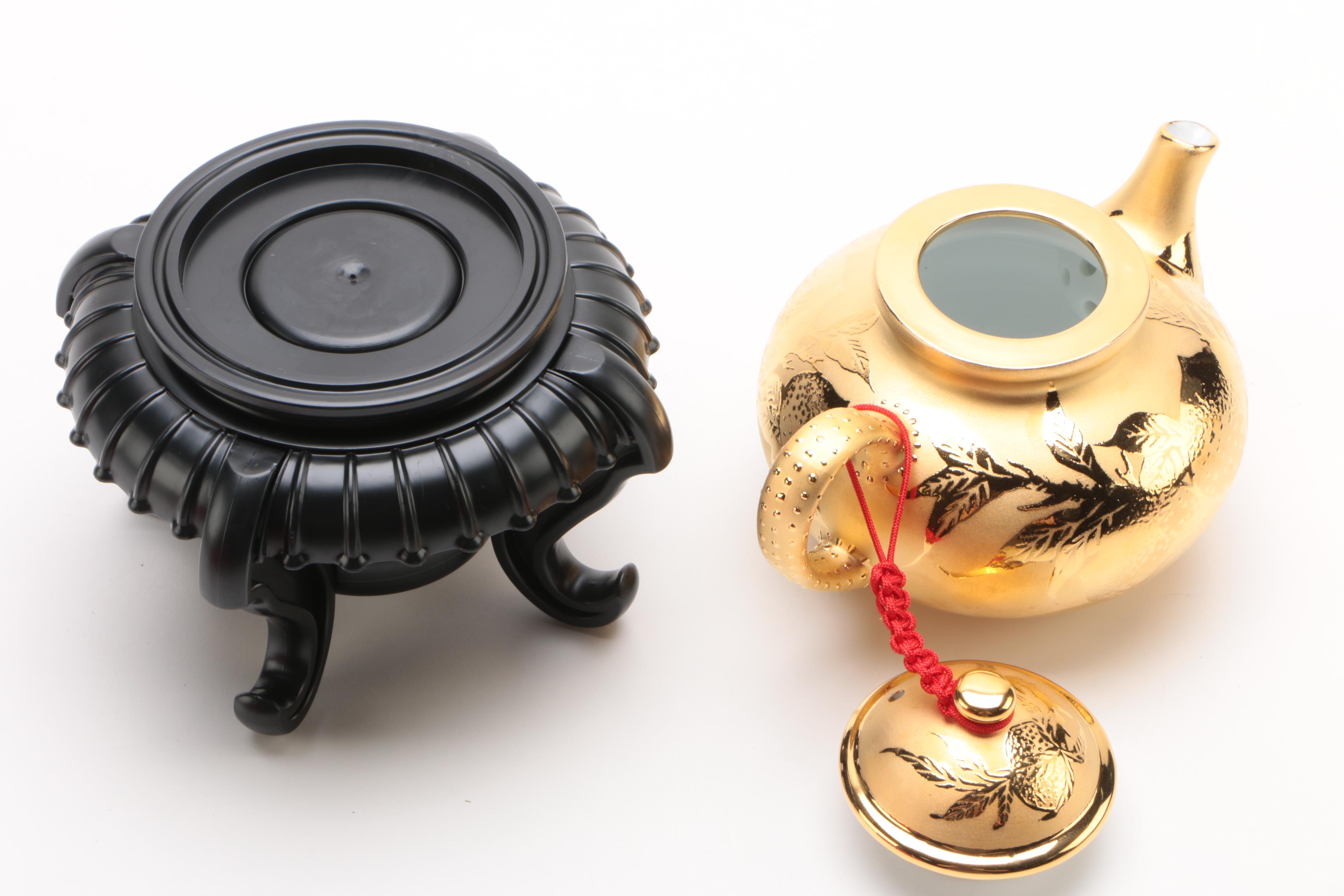 Chinese Kinmen Gilded Teapot and Stand