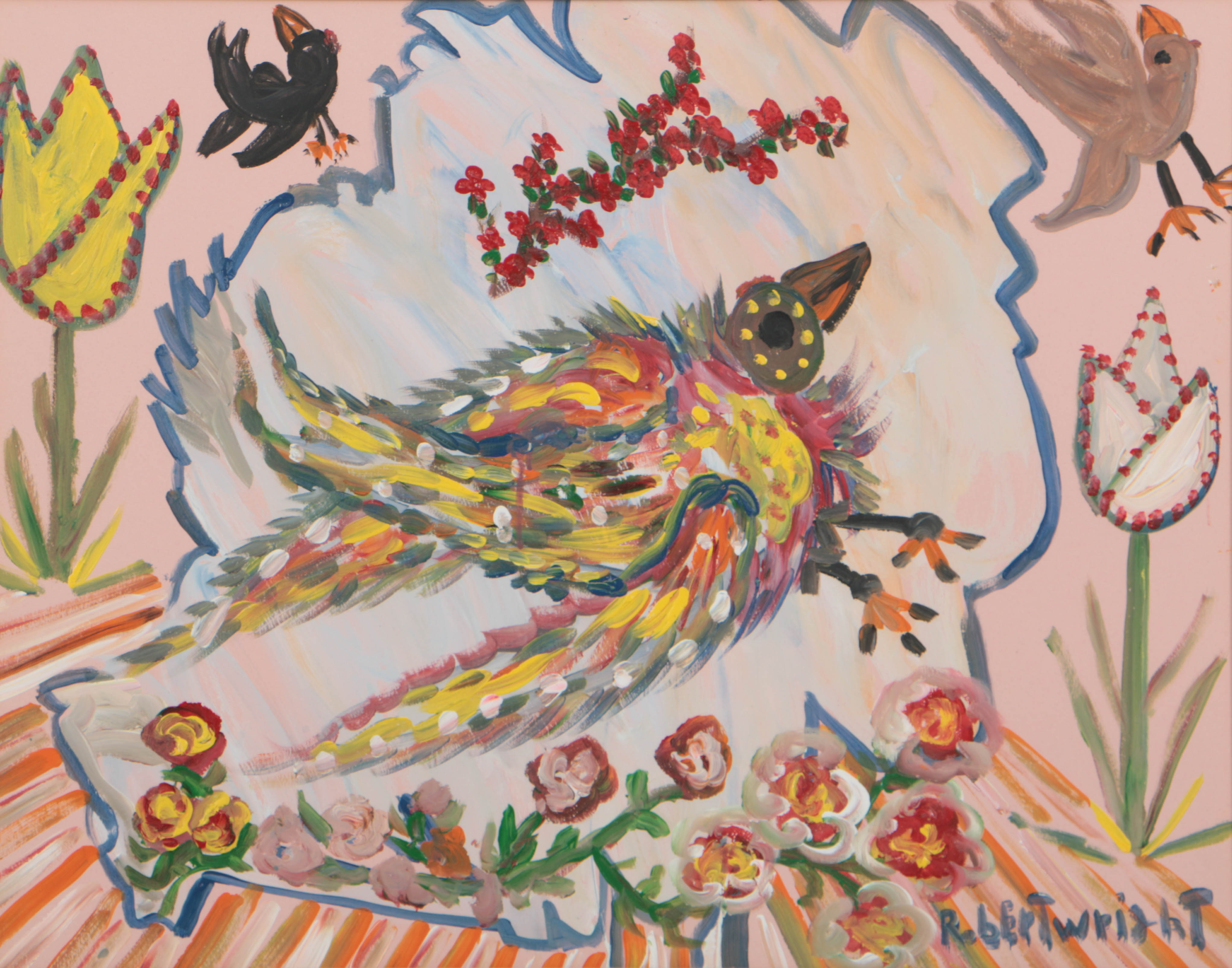 Robert Wright Acrylic Painting on Paper of Stylized Bird