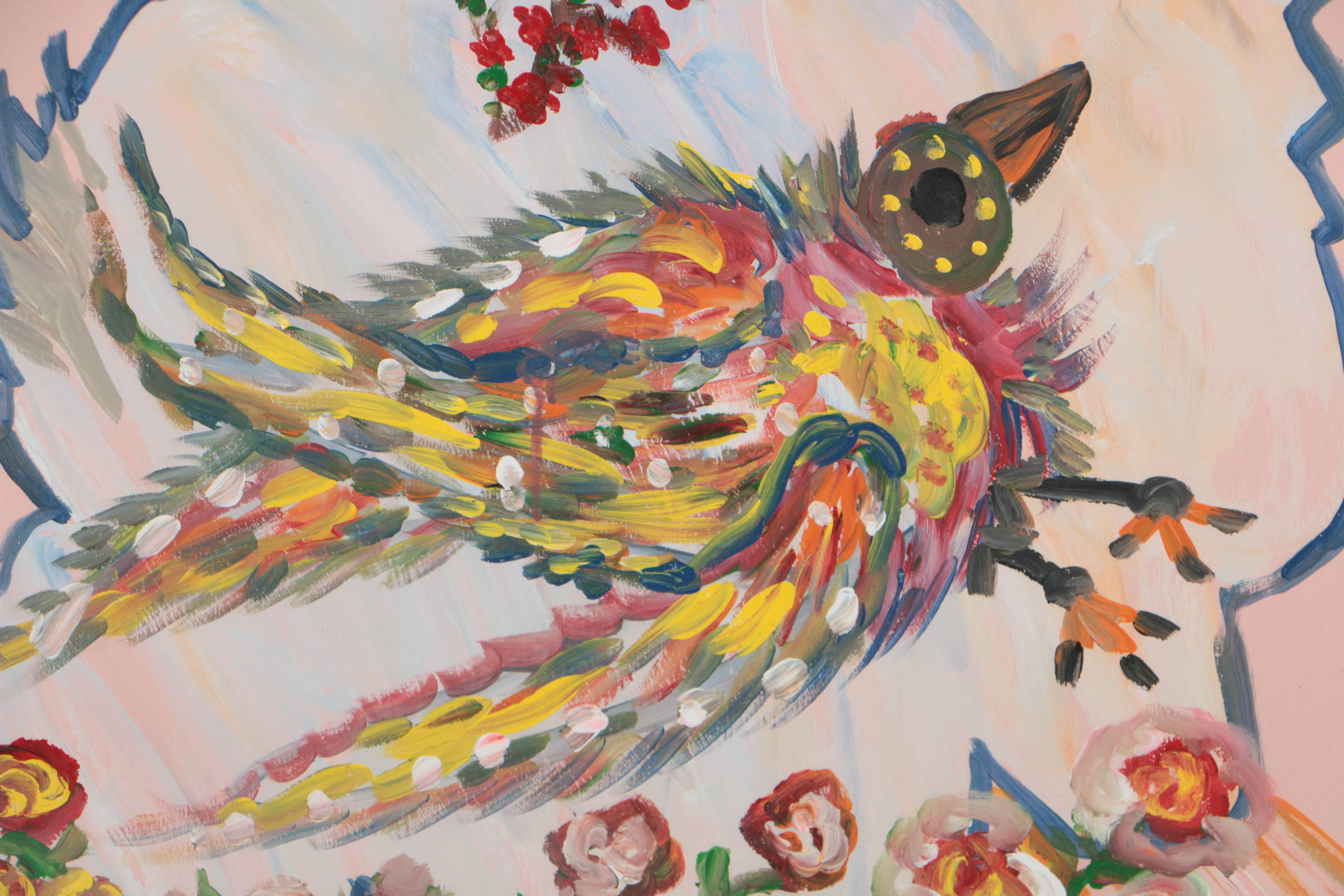 Robert Wright Acrylic Painting on Paper of Stylized Bird