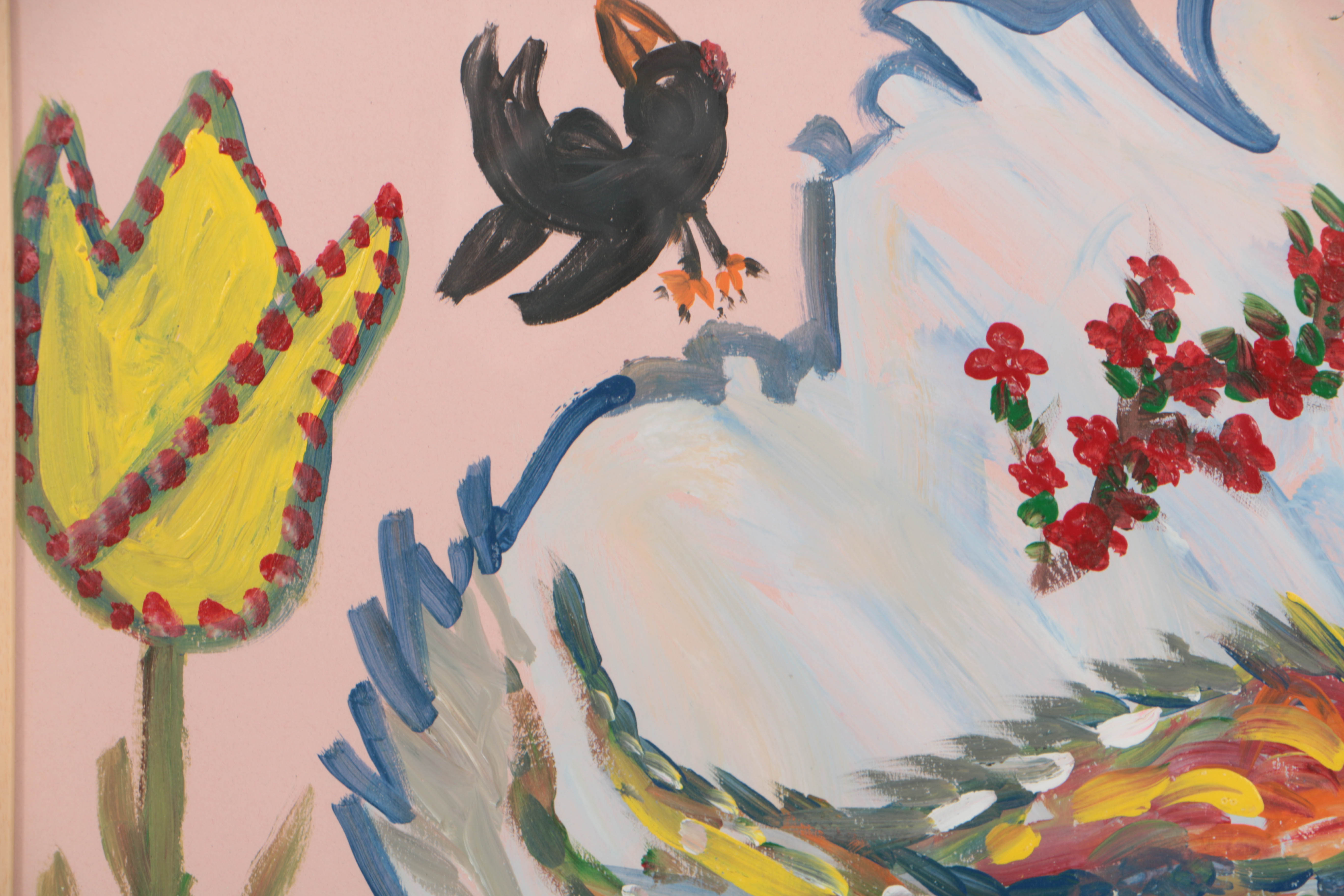 Robert Wright Acrylic Painting on Paper of Stylized Bird